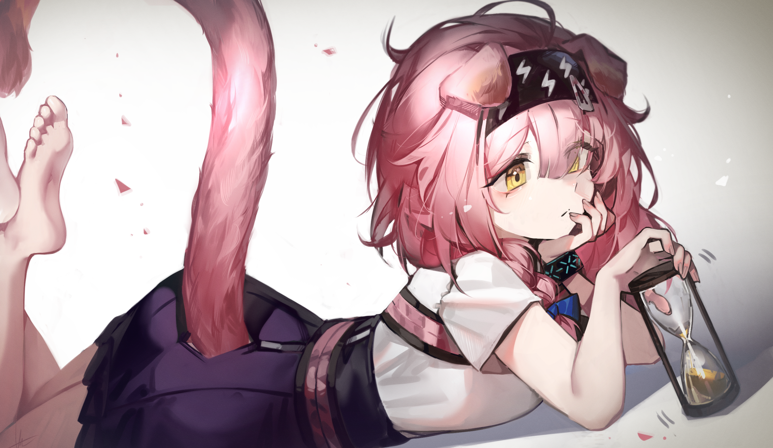 Anime 2647x1535 Goldenglow (Arknights) Arknights WaterSnake (artist) anime girls pink hair animal ears tail yellow eyes lying on front hourglasses feet in the air foot sole