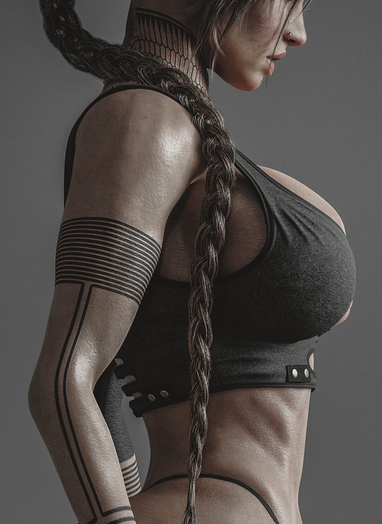 General 1285x1762 KisX Lara Croft (Tomb Raider) CGI digital art braids sideboob big boobs tattoo long hair skinny video game girls video games