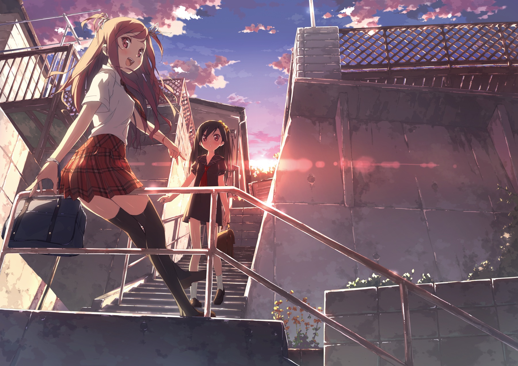 Anime 1800x1271 anime anime girls Kantoku artwork school uniform schoolgirl stairs purse