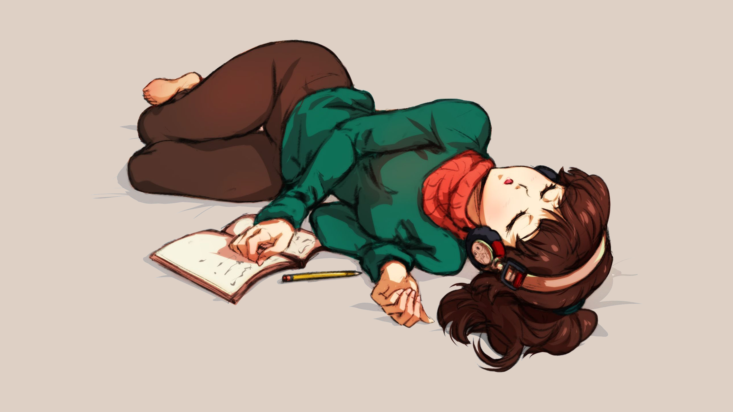 Anime 2560x1440 LofiGirl sweater scarf headphones brunette bangs blunt bangs sleeping open mouth pants brown pants green sweater simple background pencils ponytail the gap wide hips notebooks barefoot anime girls