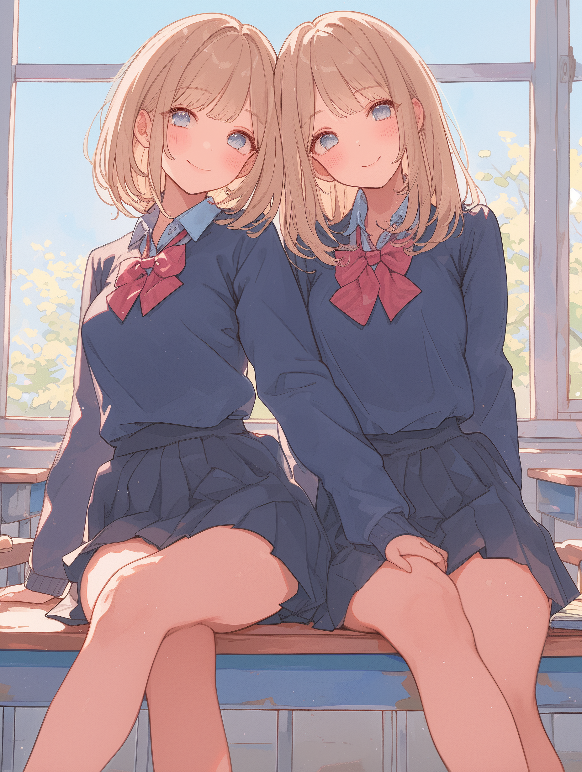 Anime 1856x2464 AI art anime anime girls original characters shoulder length hair blonde two women twins artwork digital art