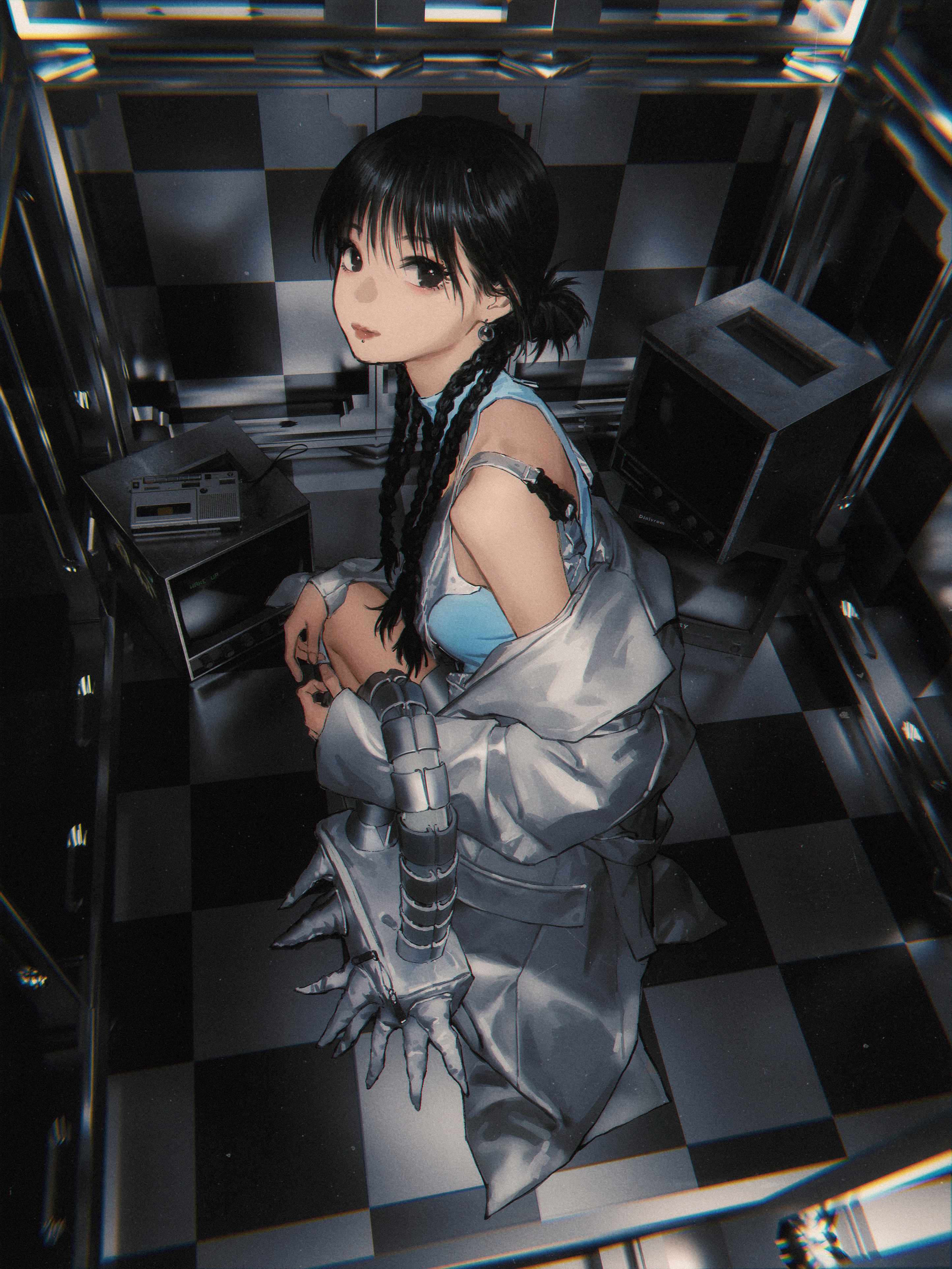 Anime 2888x3850 Wang Xi anime girls portrait display squatting checkered long hair looking at viewer braids off shoulder speakers handbags closed mouth original characters bag black hair black eyes piercing earring coats high angle
