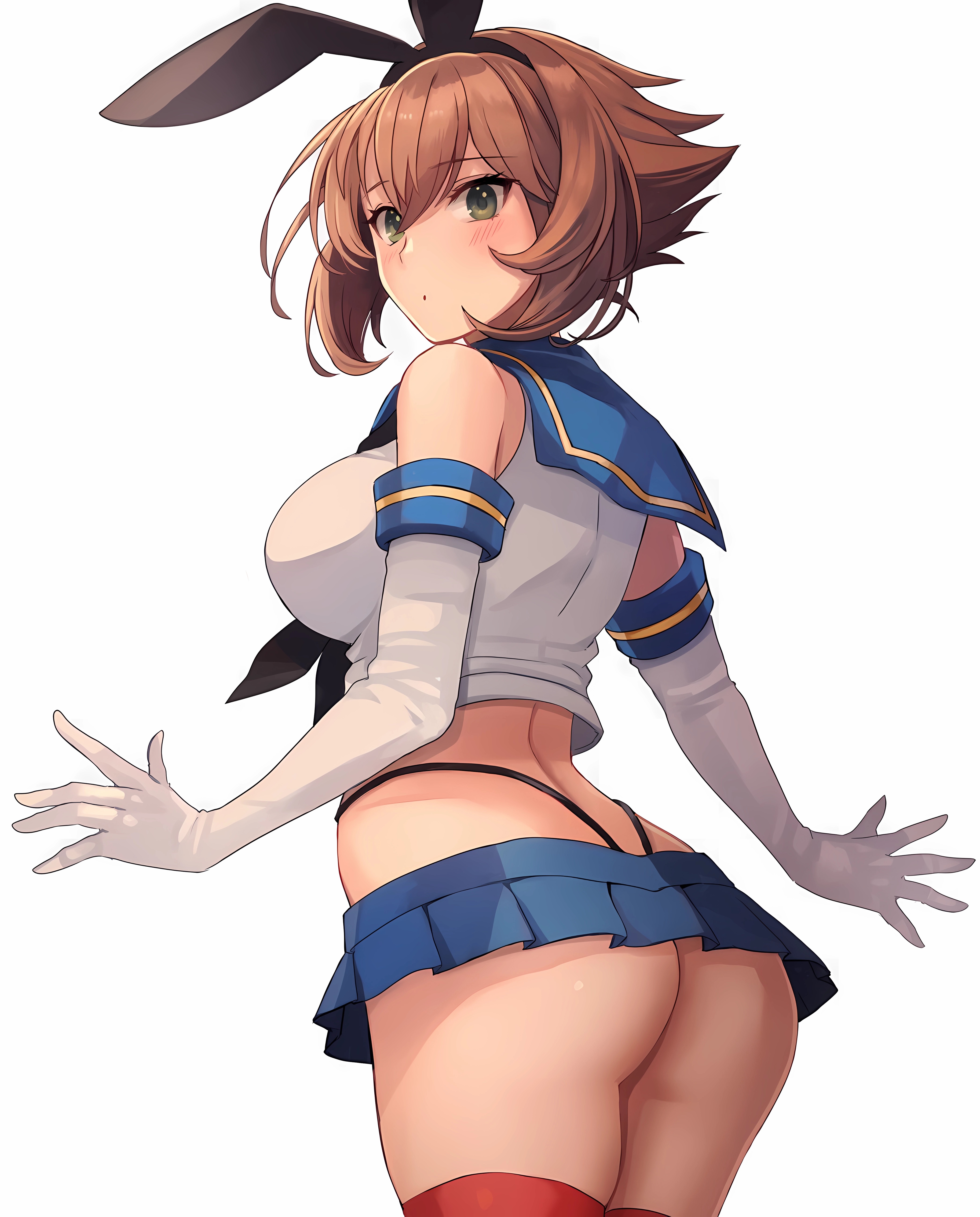Anime 4188x5200 anime anime girls Kantai Collection cosplay Mutsu (KanColle) ass miniskirt looking back simple background skirt white background gloves elbow gloves white gloves skchkko hair between eyes bare shoulders frills looking at viewer standing brunette green eyes blushing arched back