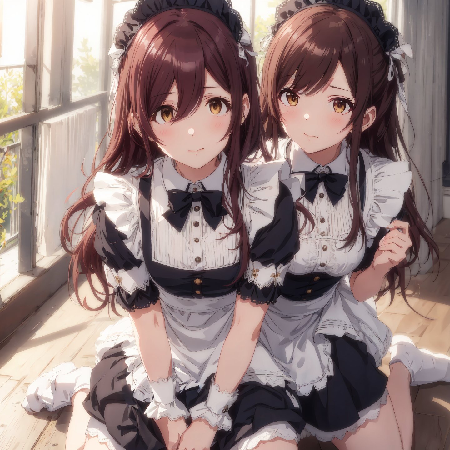 Anime 1440x1440 AI art anime girls THE iDOLM@STER THE iDOLM@STER: Shiny Colors Oosaki Amana long hair brunette maid maid outfit two women twins artwork digital art fan art Oosaki Tenka sunlight hair between eyes anime closed mouth blushing