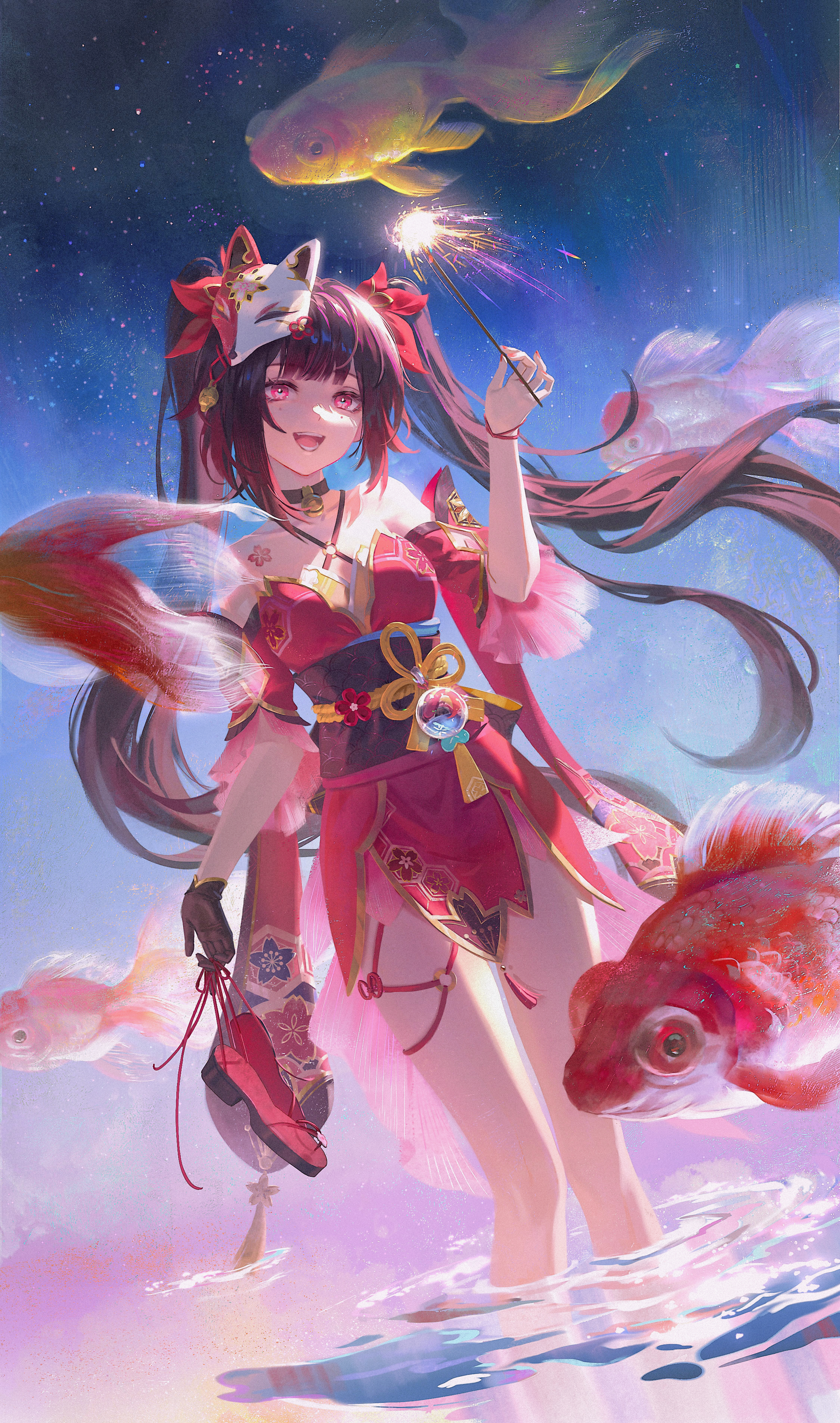 Anime 2249x3810 Honkai: Star Rail long hair portrait display brunette Sparkle (Honkai: Star Rail) water standing in water looking at viewer fireworks starry night starred sky red dress open mouth fox mask pink eyes missing glove fish Naglus sleeveless twintails sparkler smiling sidelocks