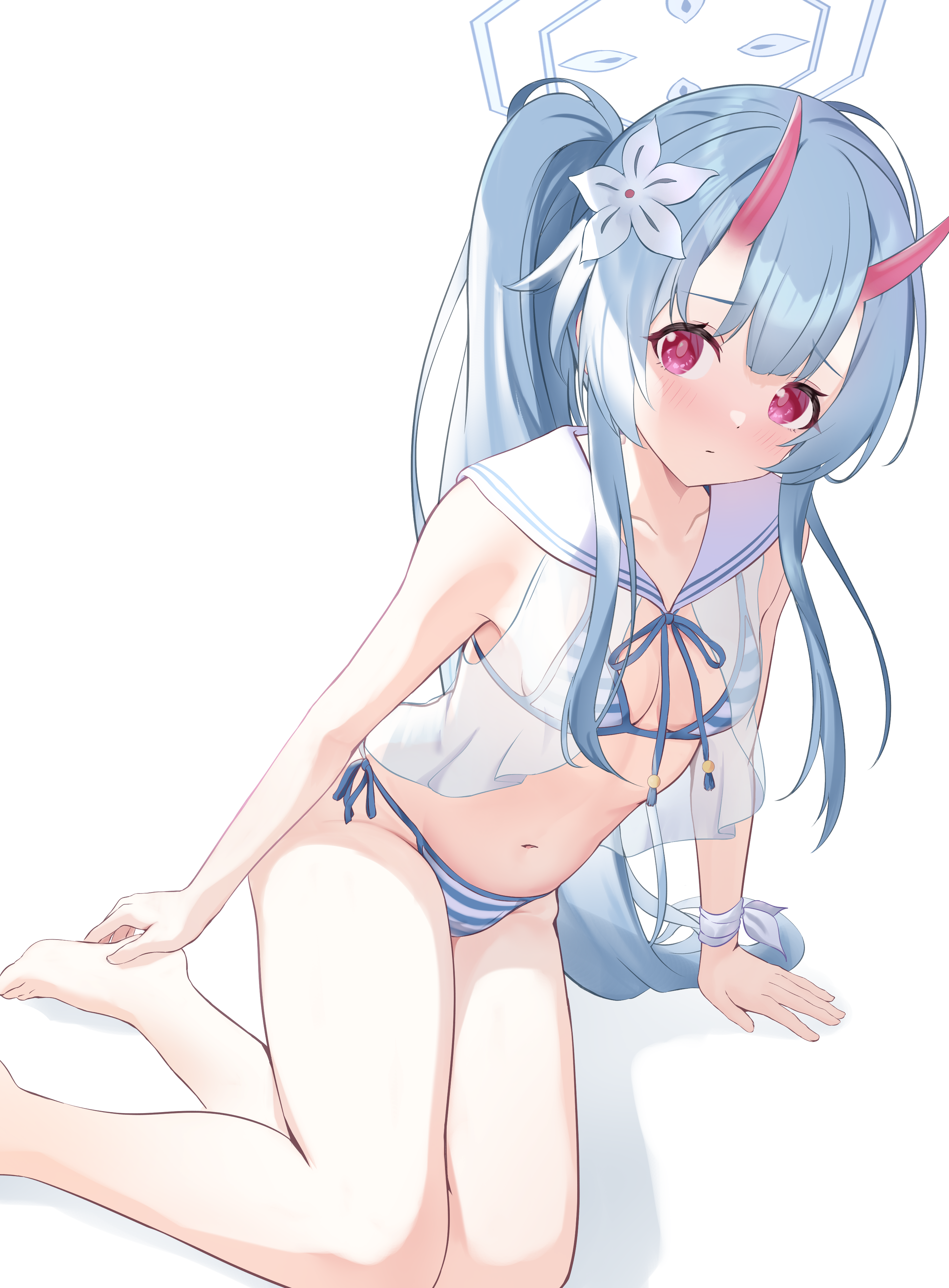 Anime 2800x3800 Waraku Chise anime white background horns Mm (artist) long hair simple background bikini portrait display blue hair closed mouth blushing ponytail small boobs anime girls on the floor collarbone red eyes looking at viewer skinny flower in hair slim body side tie bikini bottom Blue Archive