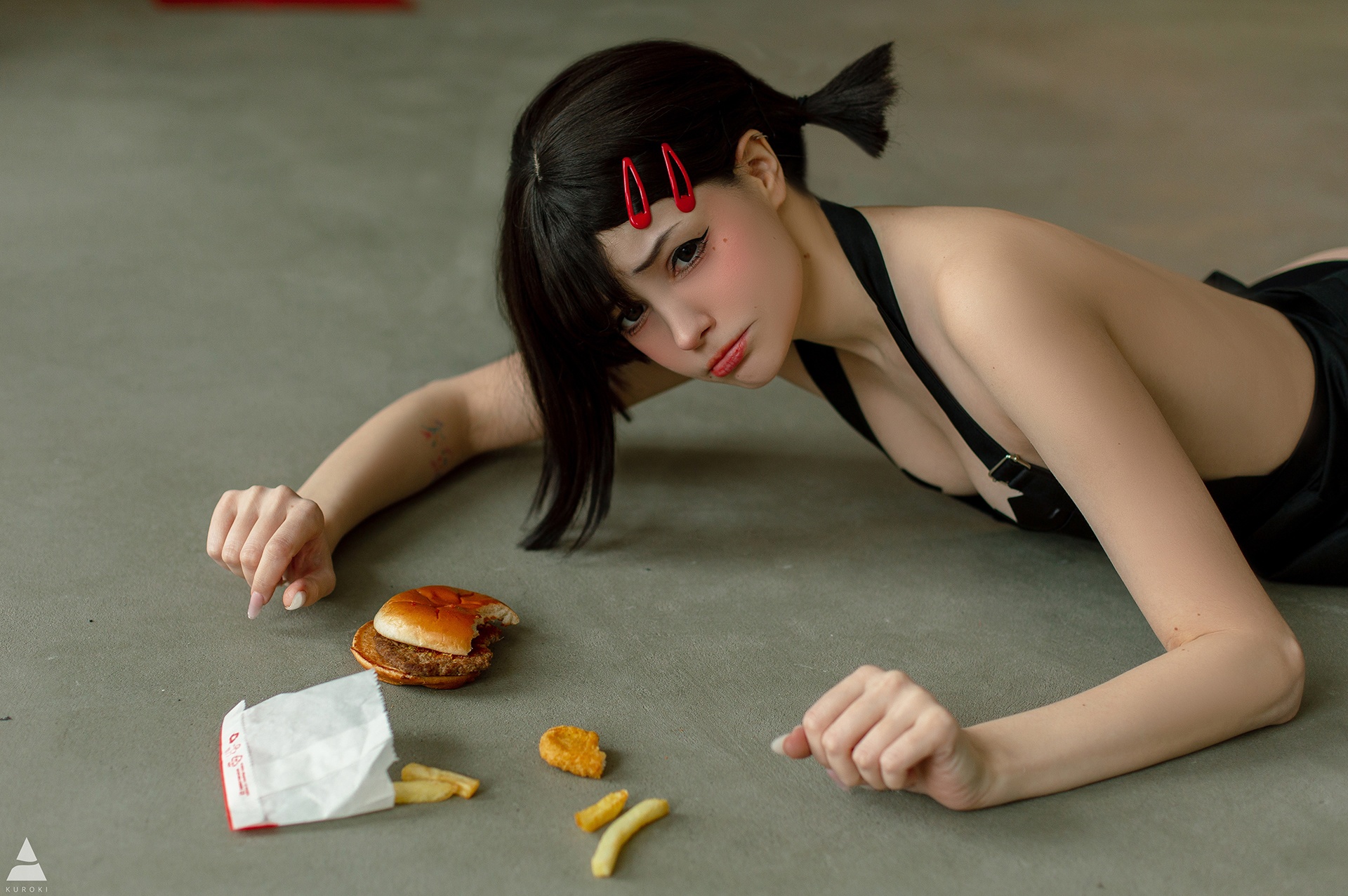 People 1920x1277 Karina Salakhutdinova women sad food makeup hair clip burgers watermarked simple background fries Kobeni (Chainsaw Man) Chainsaw Man floor on the floor closed mouth hair ornament cosplay lying down lying on front frown looking at viewer