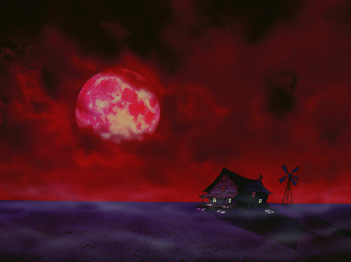General 1397x1043 Courage the Cowardly Dog cartoon night mist cottage wasteland windmill red sky house digital art full moon Moon sky