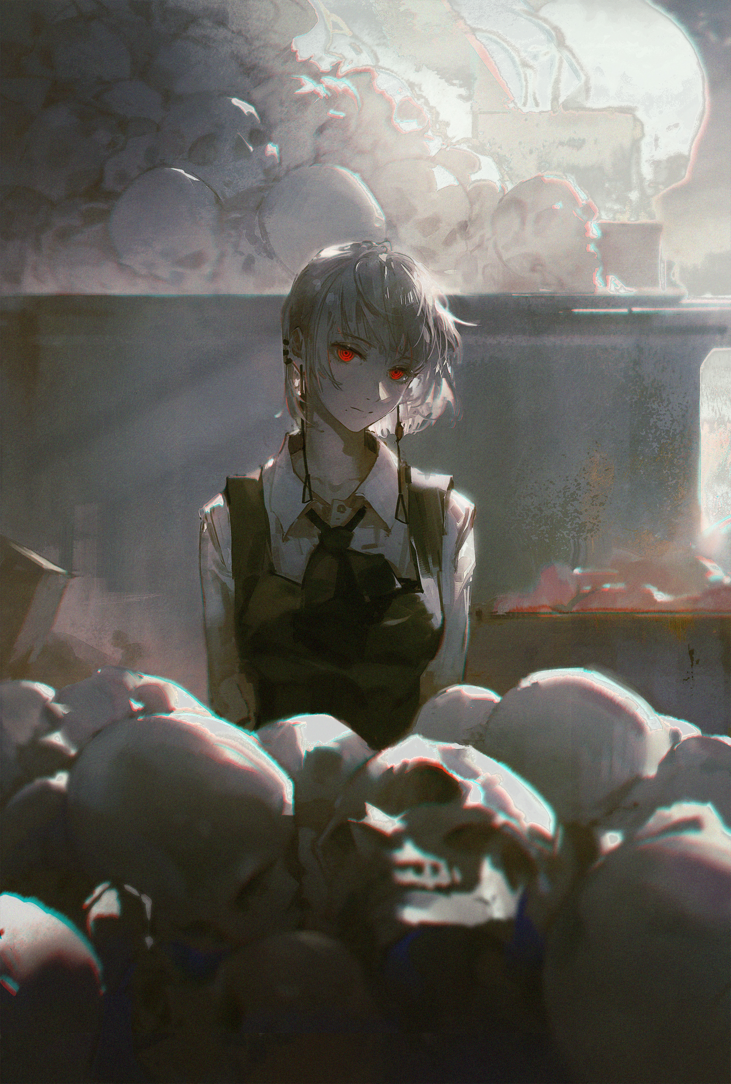 Anime 1500x2224 Dino Art anime girls Famine devil (Chainsaw Man) Chainsaw Man anime portrait display uniform looking at viewer red eyes natural light closed mouth moles mole under mouth ear piercing collarbone ringed eyes short hair skull expressionless tassel earrings