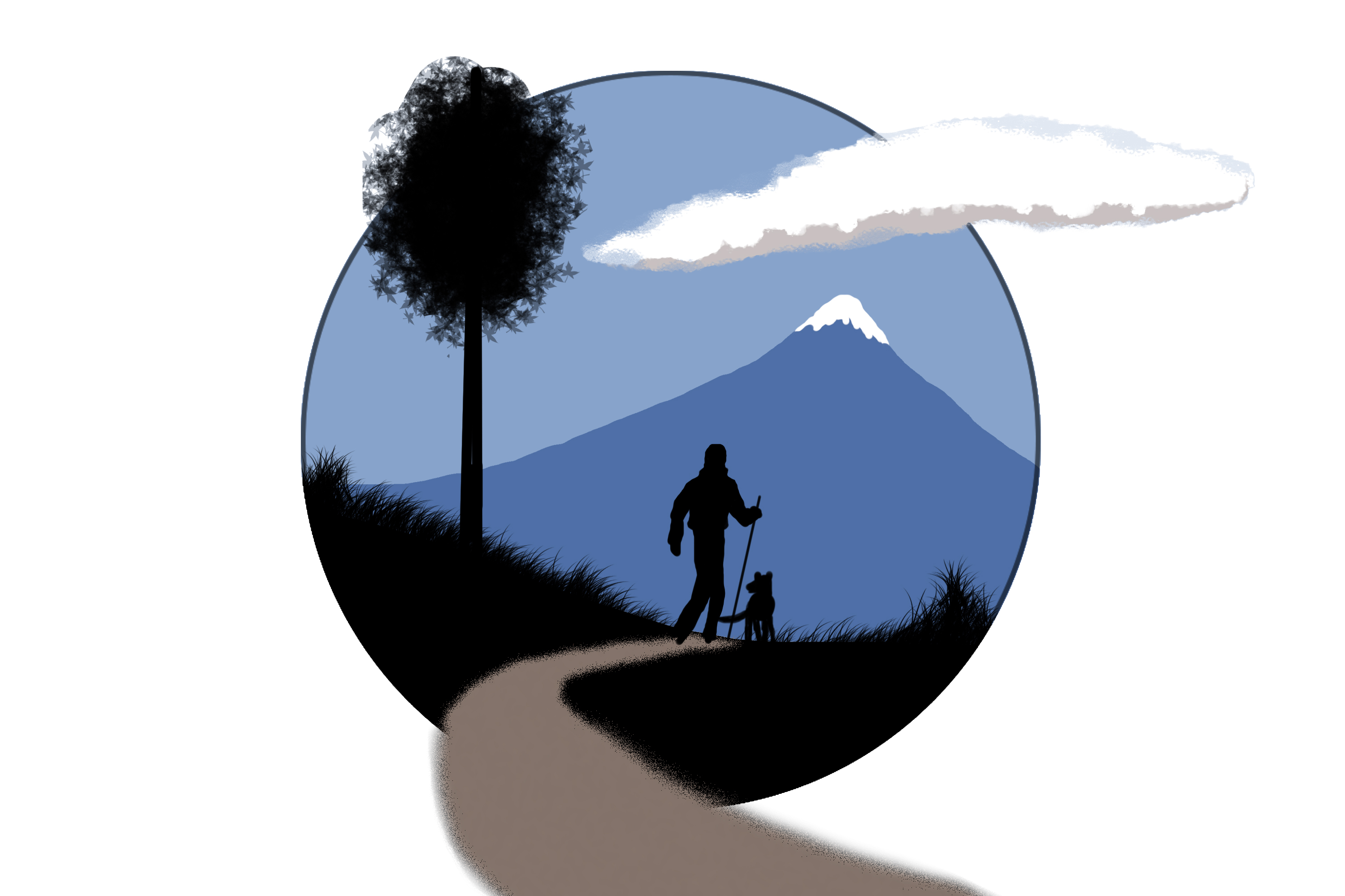 General 3000x2000 walking dog sky mountains digital art simple background men grass standing road white background silhouette hiking path