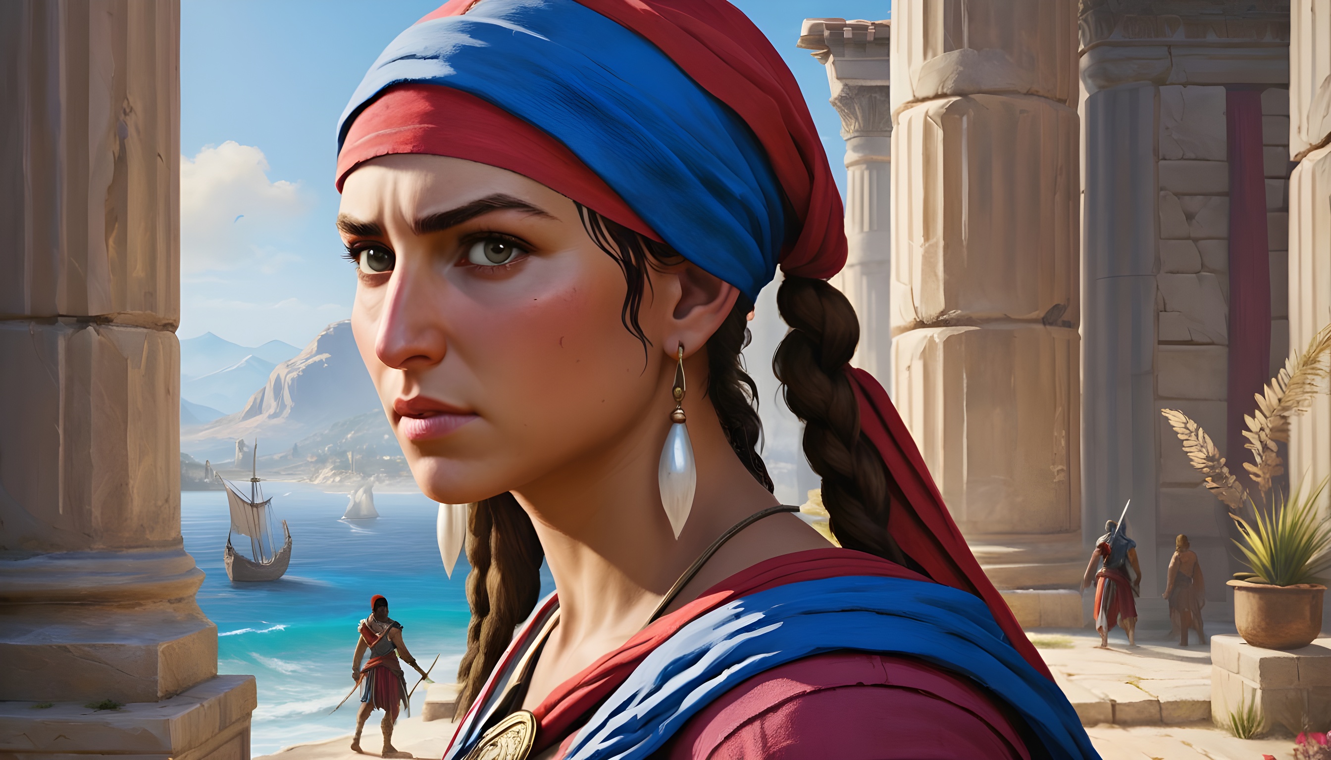 General 2688x1536 Assassin's Creed: Odyssey Assassin's Creed Kassandra painting pearl earrings red blue freepik AI art video game art video game characters sky video game girls pillar parted lips earring long hair braids looking at viewer sunlight boat clouds water brunette