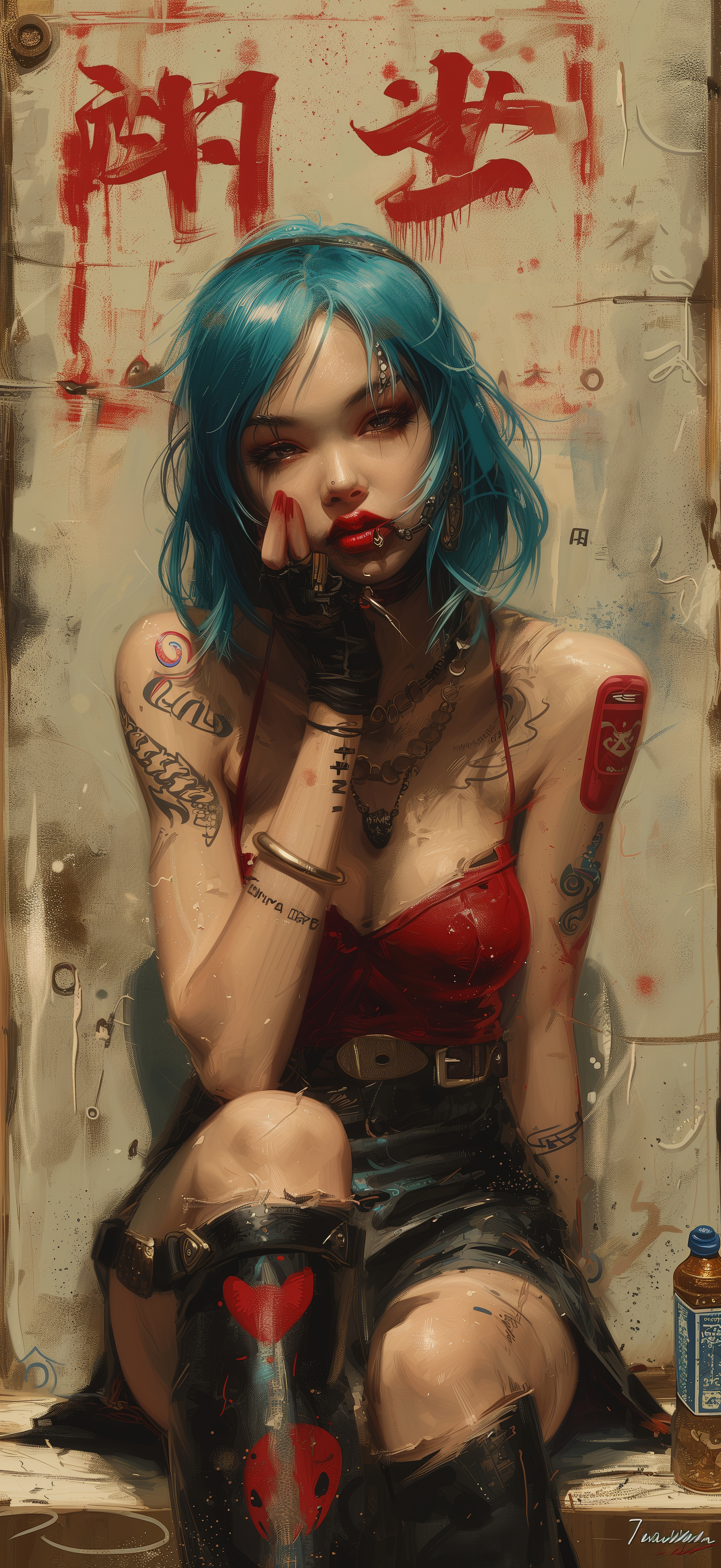 General 2944x6400 AI art women illustration portrait display punk girl blue hair tattoo