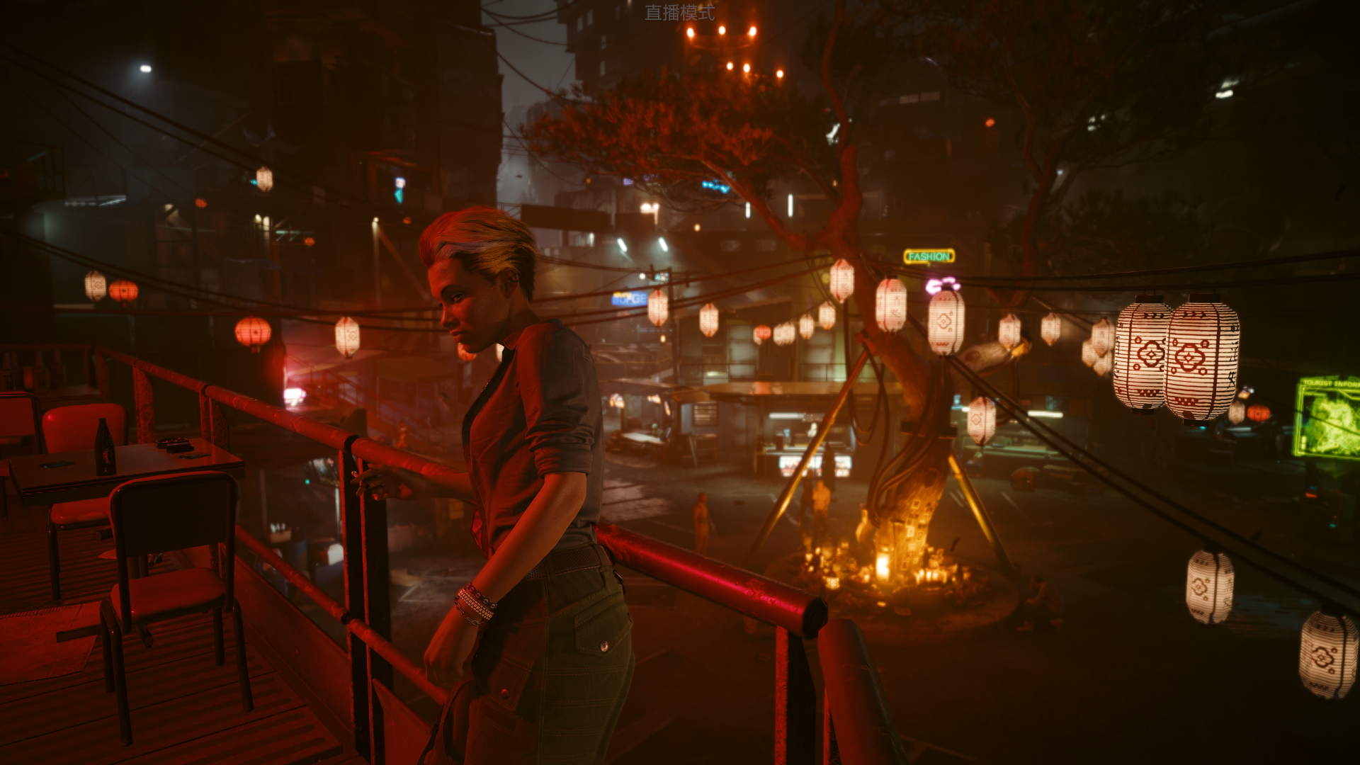General 1920x1080 Cyberpunk 2077 neon short hair women video game characters CGI video game art screen shot low light video games standing rolled sleeves bracelets table chair video game girls sky lanterns lantern wires