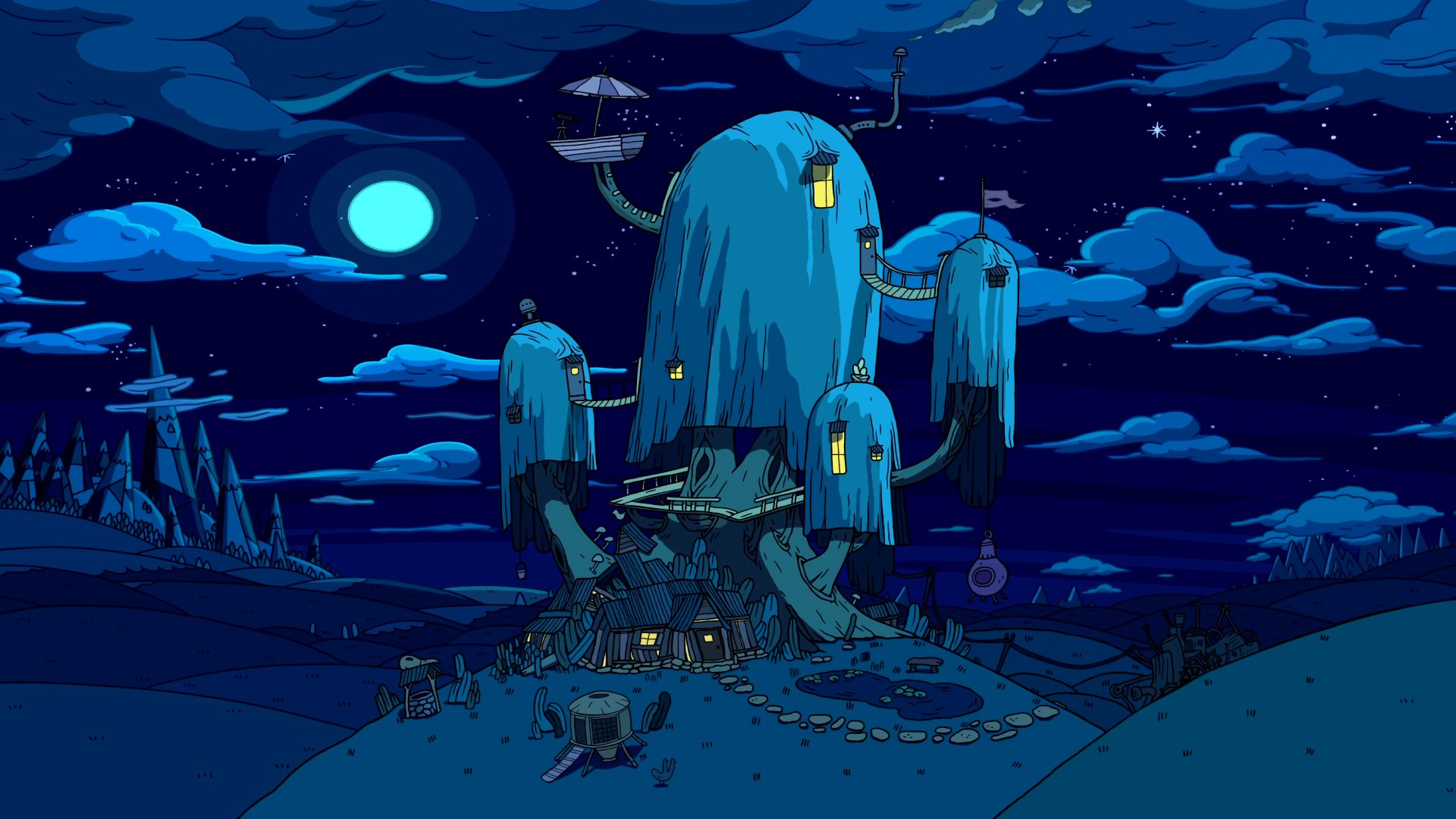General 1920x1080 Adventure Time cartoon tree house digital art Cartoon Network sky moonlight landscape hills Moon clouds night window flag stars