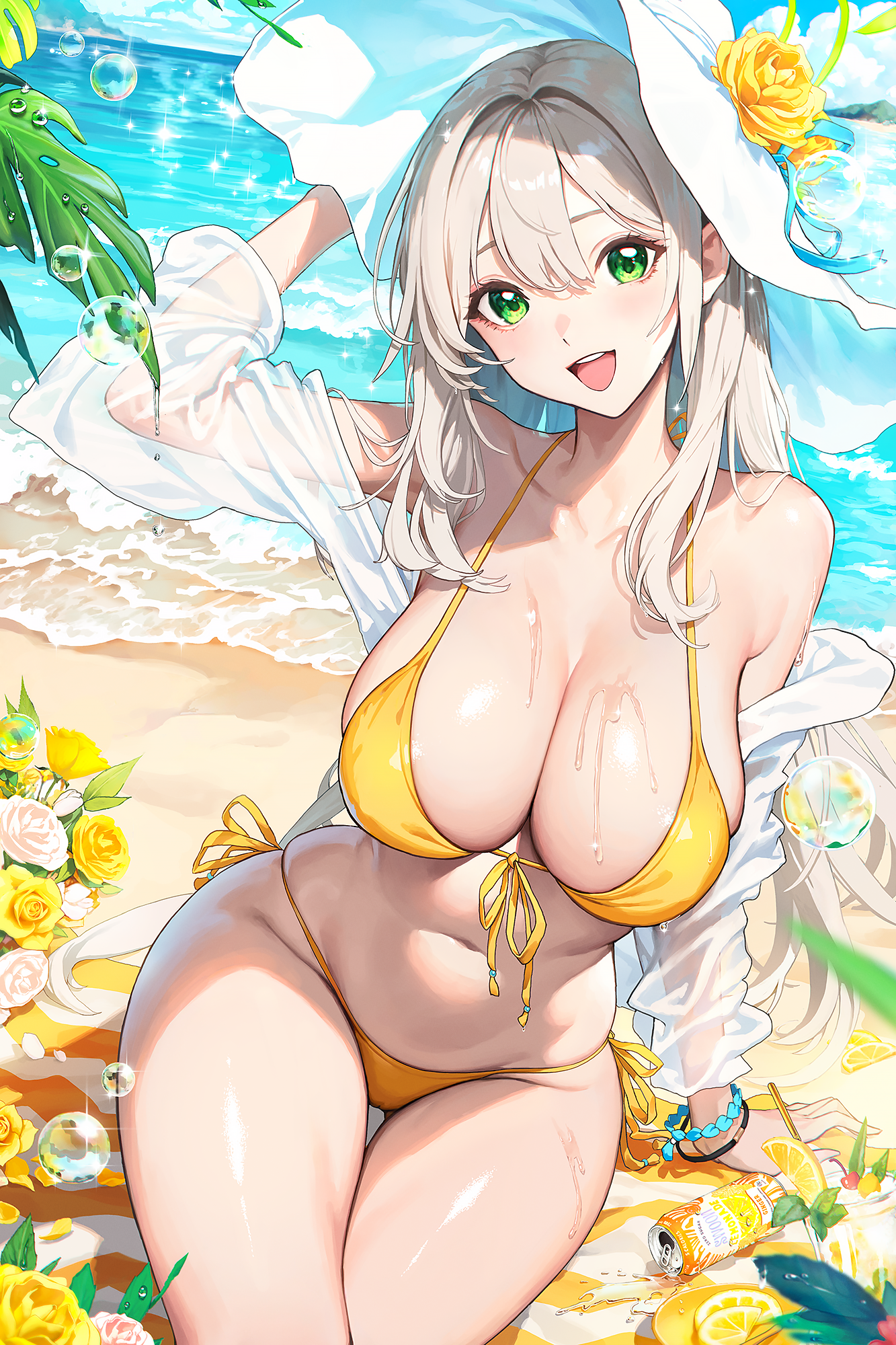 Anime 1333x2000 Blue Archive yellow bikini Izayoi Nonomi (Blue Archive) looking at viewer beach green eyes yellow flowers women on beach sun hats women outdoors flowers huge breasts cleavage bikini bare shoulders open mouth bubbles Yellow Swimsuit drink one arm up swimwear open clothes long hair Punc P long sleeves smiling beach towel water sea can lime waves sky clouds fruit hat cameltoe portrait display wet body hair between eyes anime girls anime