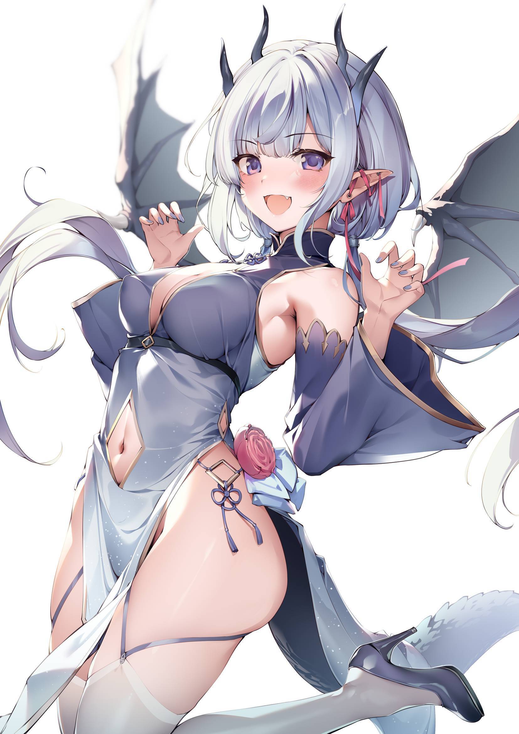 Anime 1654x2339 Karory anime anime girls portrait display open mouth blushing looking at viewer long hair simple background thighs white background heels belly button thigh-highs white thigh highs smiling purple eyes pointy ears wide sleeves blue nails painted nails bright Japanese clothes wings bare shoulders horns big boobs skinny