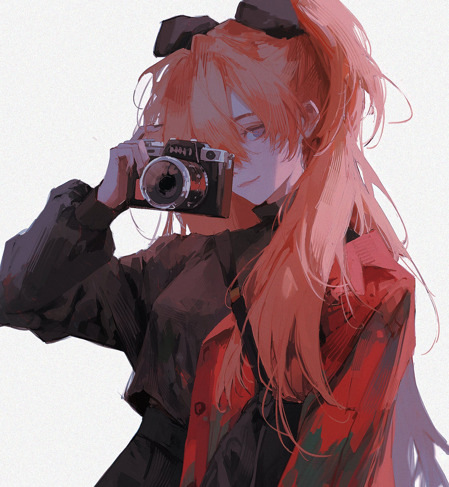 Anime 1772x1923 96yottea anime girls digital art illustration simple background ribbon drawing minimalism Asuka Langley Soryu Neon Genesis Evangelion looking at viewer redhead artwork closed mouth one eye obstructed camera portrait display bright long sleeves smiling long hair