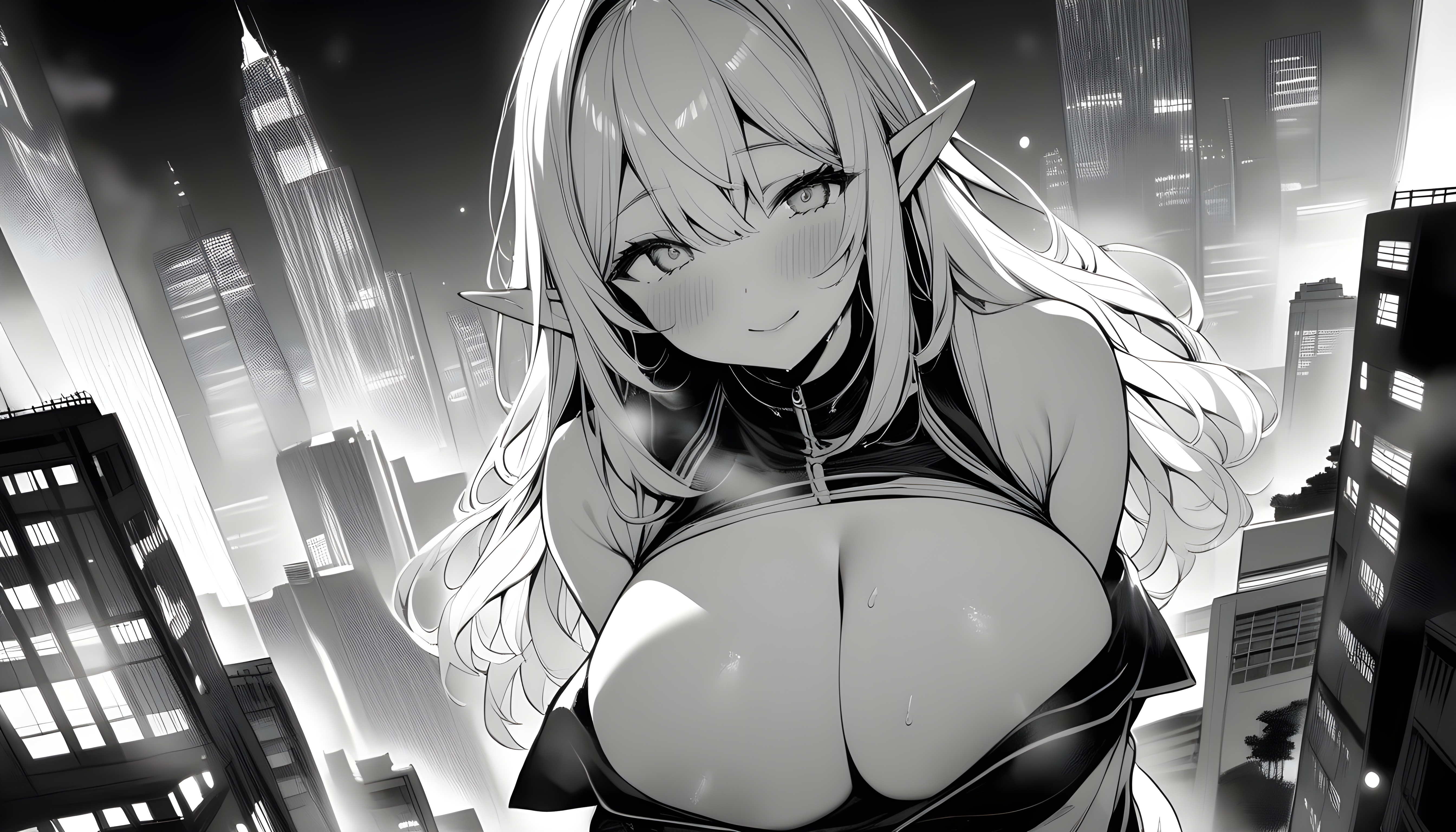 Anime 5376x3072 anime girls AI art elves monochrome cityscape huge breasts sweat lips cleavage closed mouth blushing pointy ears long hair building hair between eyes bare shoulders smiling looking at viewer city