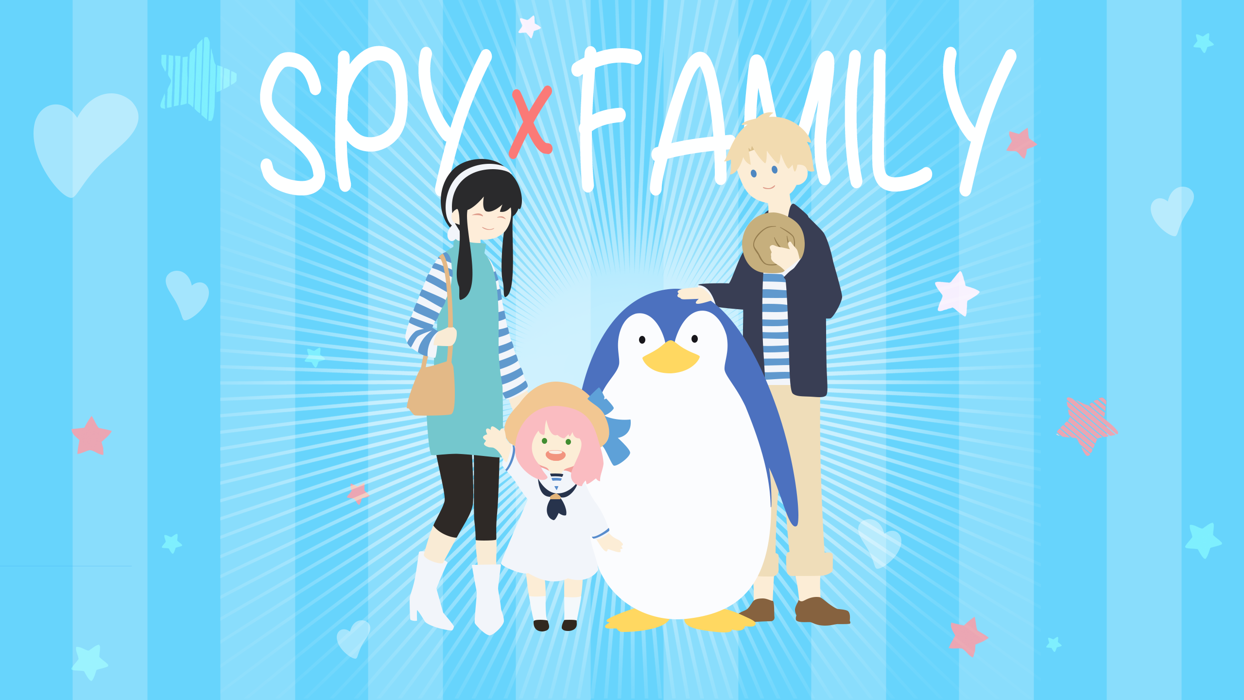 Anime 2560x1440 Spy x Family anime boys anime girls Loid Forger Yor Forger Anya Forger minimalism stars heart penguins stuffed animal smiling simple background hat purse looking at viewer waving title