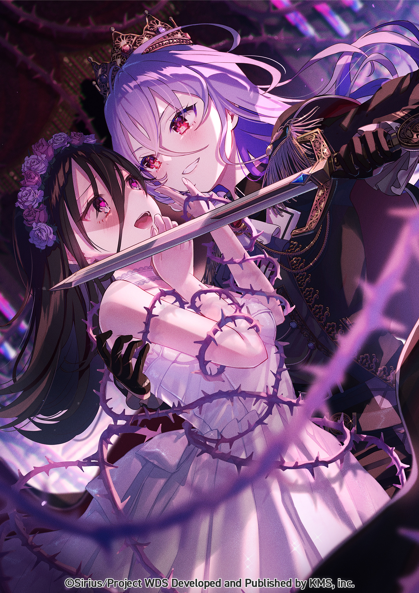 Anime 1357x1920 anime anime girls portrait display sword watermarked weapon long hair vines smiling blushing heart eyes crown dress gloves flower crown uniform hand on face