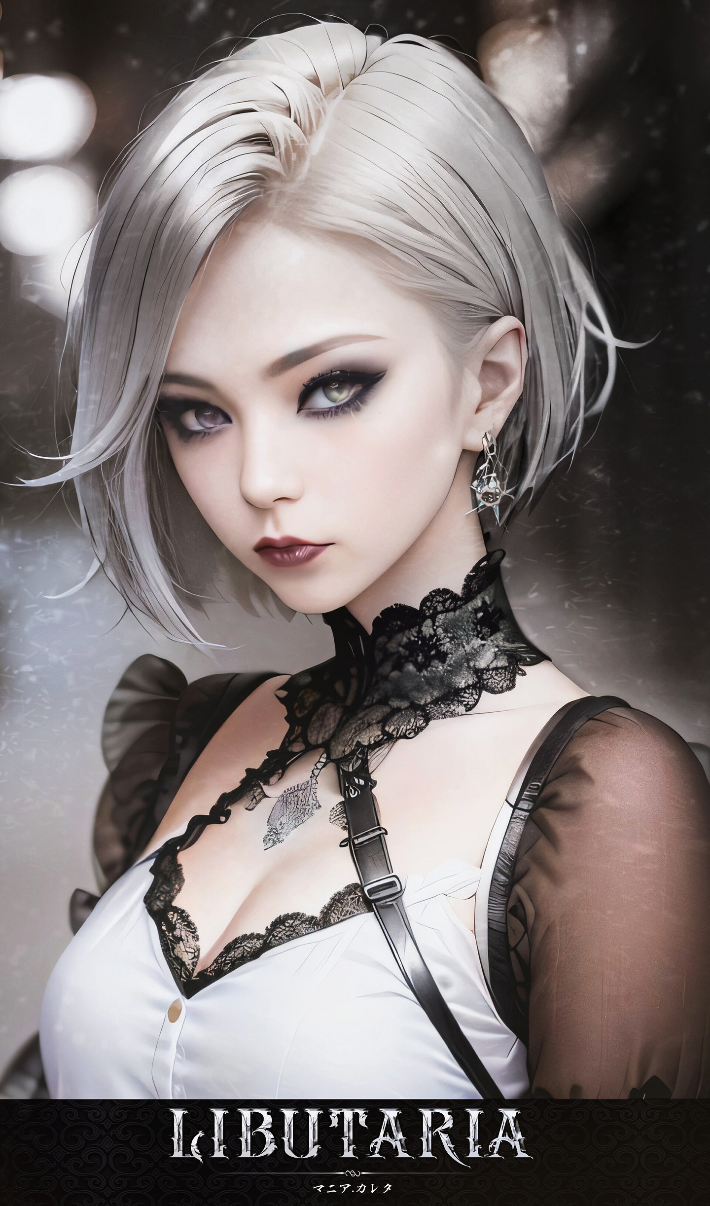 General 1440x2445 Mania Carta drawing women silver hair makeup portrait portrait display earring short hair cleavage looking at viewer Japanese blurred blurry background