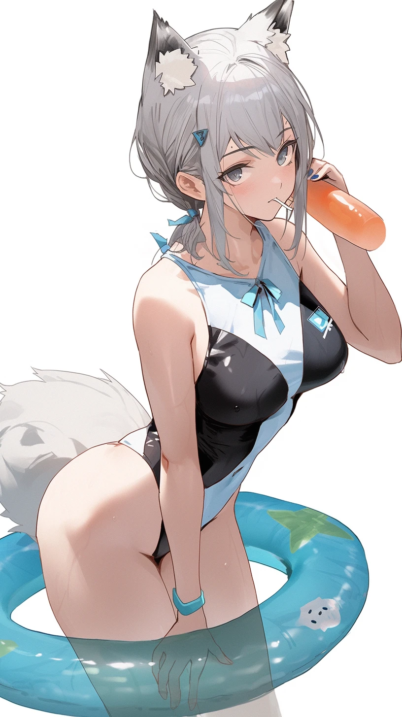 Anime 816x1456 AI art anime girls Shiroko (Blue Archive) Blue Archive digital art one-piece swimsuit floater simple background fox girl white background fox ears minimalism fox tail looking at viewer silver hair thighs big boobs portrait display bracelets