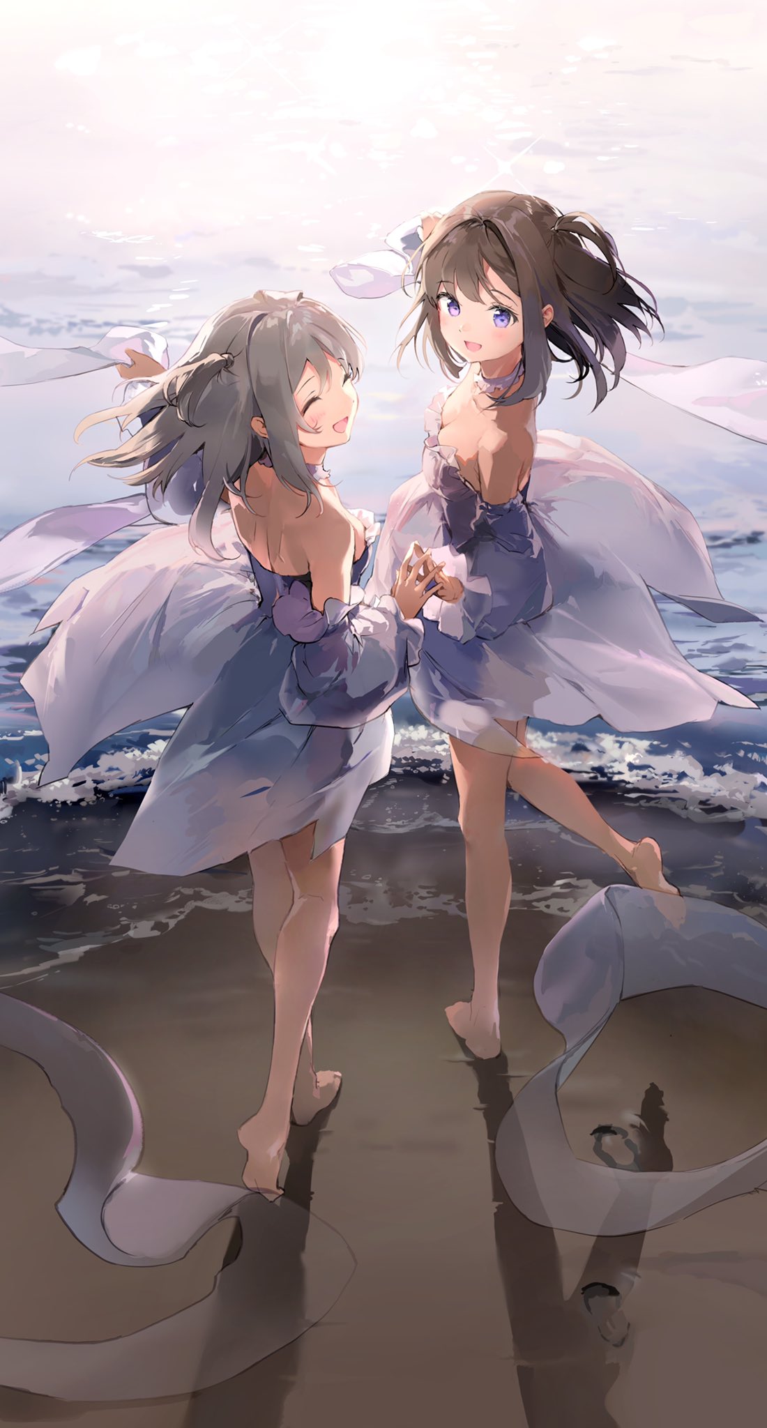 Anime 1100x2048 anime anime girls Anmi portrait display walking waves water feet foot sole looking at viewer sunlight closed eyes holding hands dress open mouth blushing sand beach