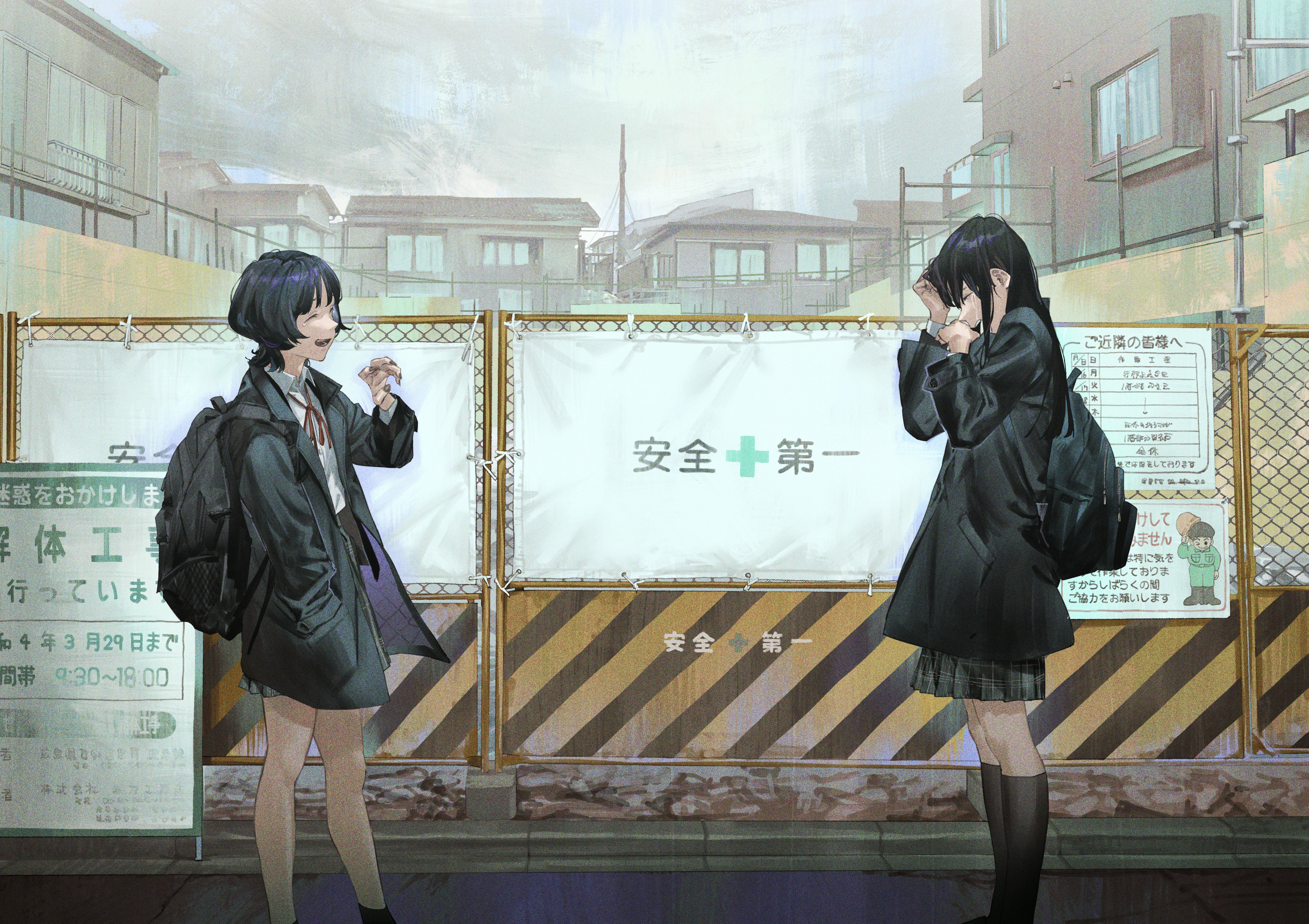 Anime 5016x3541 anime anime girls artwork tears fence standing skirt schoolgirl school uniform building closed eyes crying short hair backpacks Japanese sky clouds