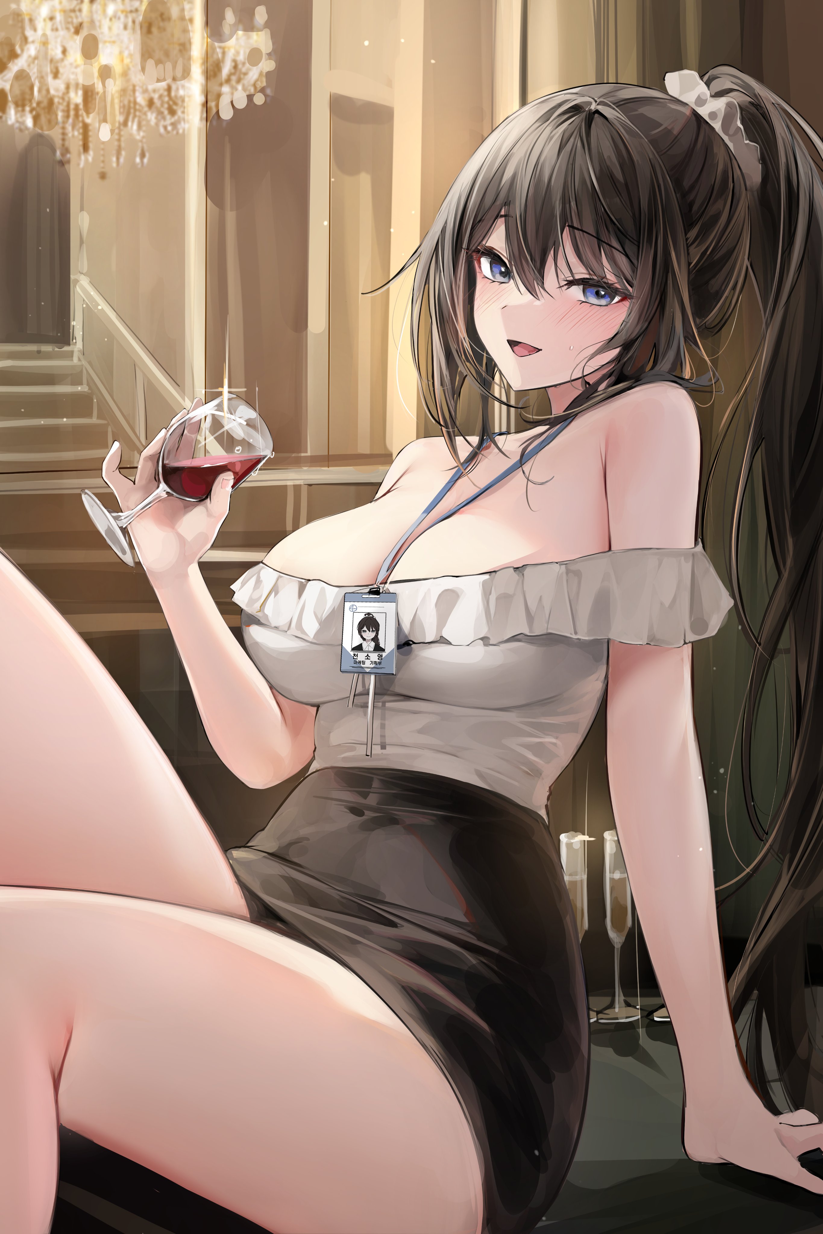 Anime 2731x4096 anime anime girls Pixiv portrait display cleavage big boobs wine wine glass ponytail long hair looking at viewer glass open mouth blushing black hair blue eyes chandeliers sitting