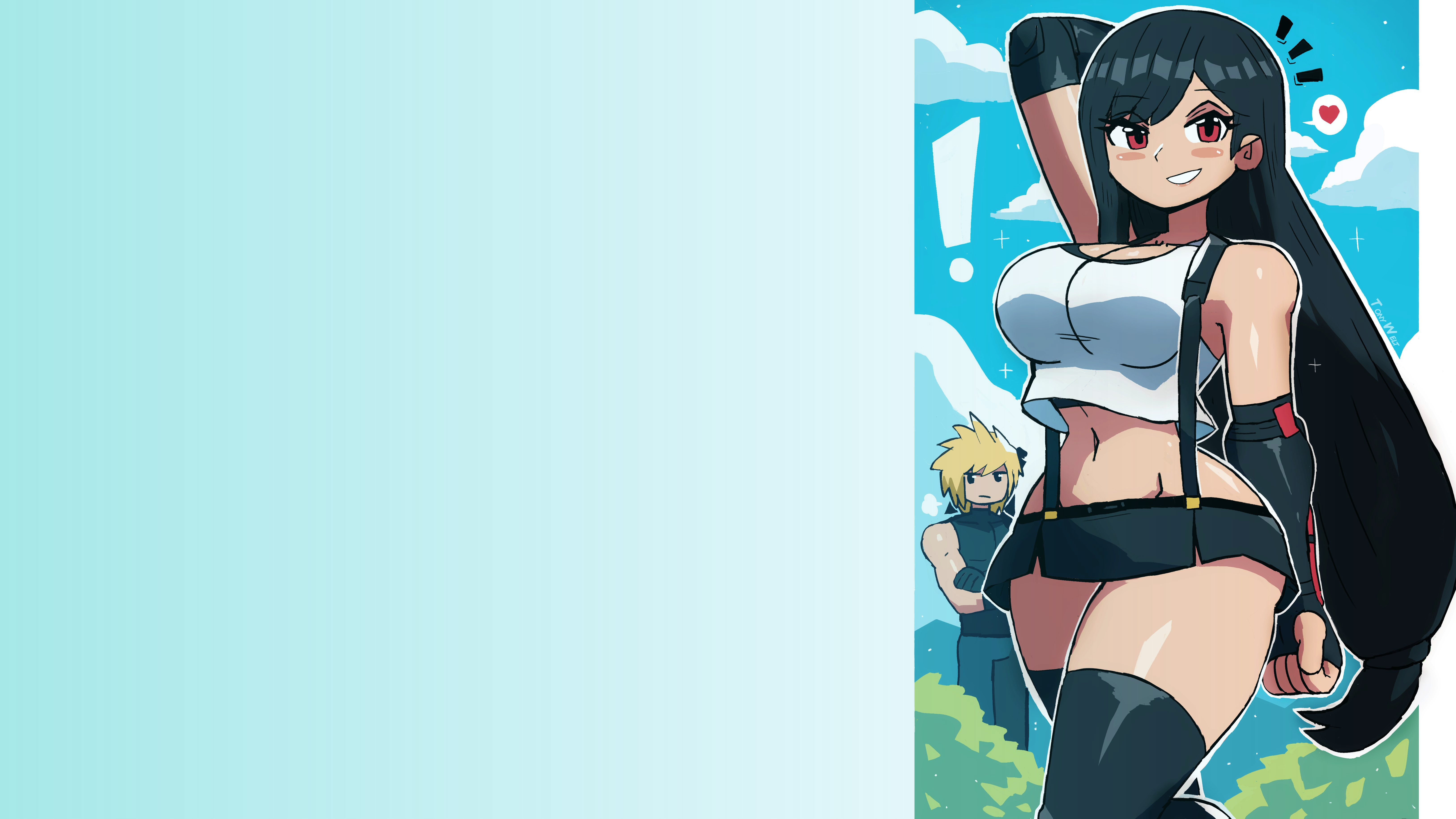 Anime 6507x3660 video games Tifa Lockhart Final Fantasy VII Final Fantasy VII: Remake long hair black hair dark hair big boobs arm(s) behind head arm(s) behind back bare midriff belly belly button suspenders miniskirt thighs thighs together thigh-highs black thigh highs gloves black gloves white tops white shirt white tank top bare shoulders bangs blunt bangs blonde muscular Spiky Hair heart (design) brown eyes clouds arms up Cloud Strife surprised blue background bright