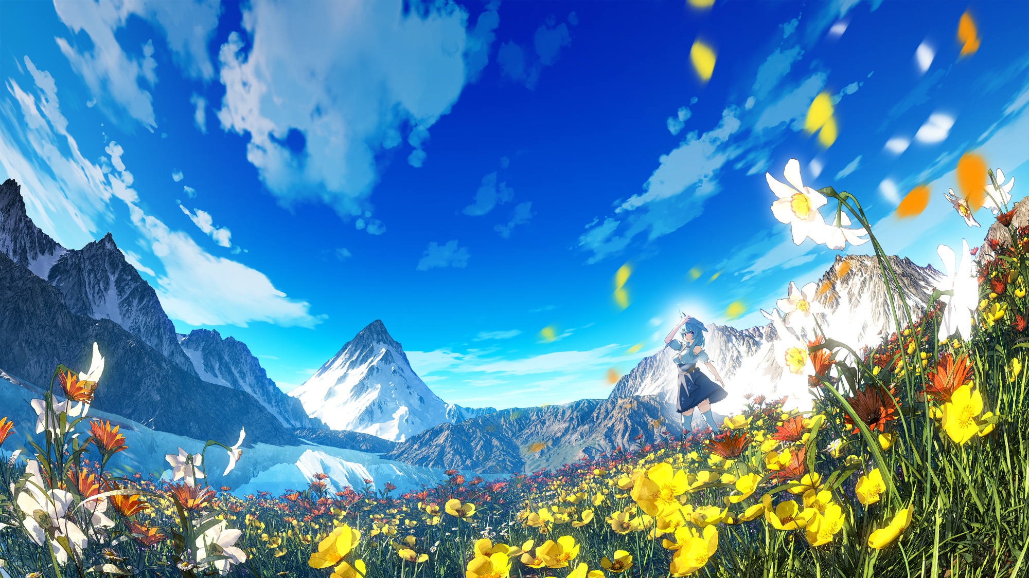 Anime 2000x1125 anime girls landscape flowers knee high socks petals mountains sky clouds grass Hachio81 animal ears