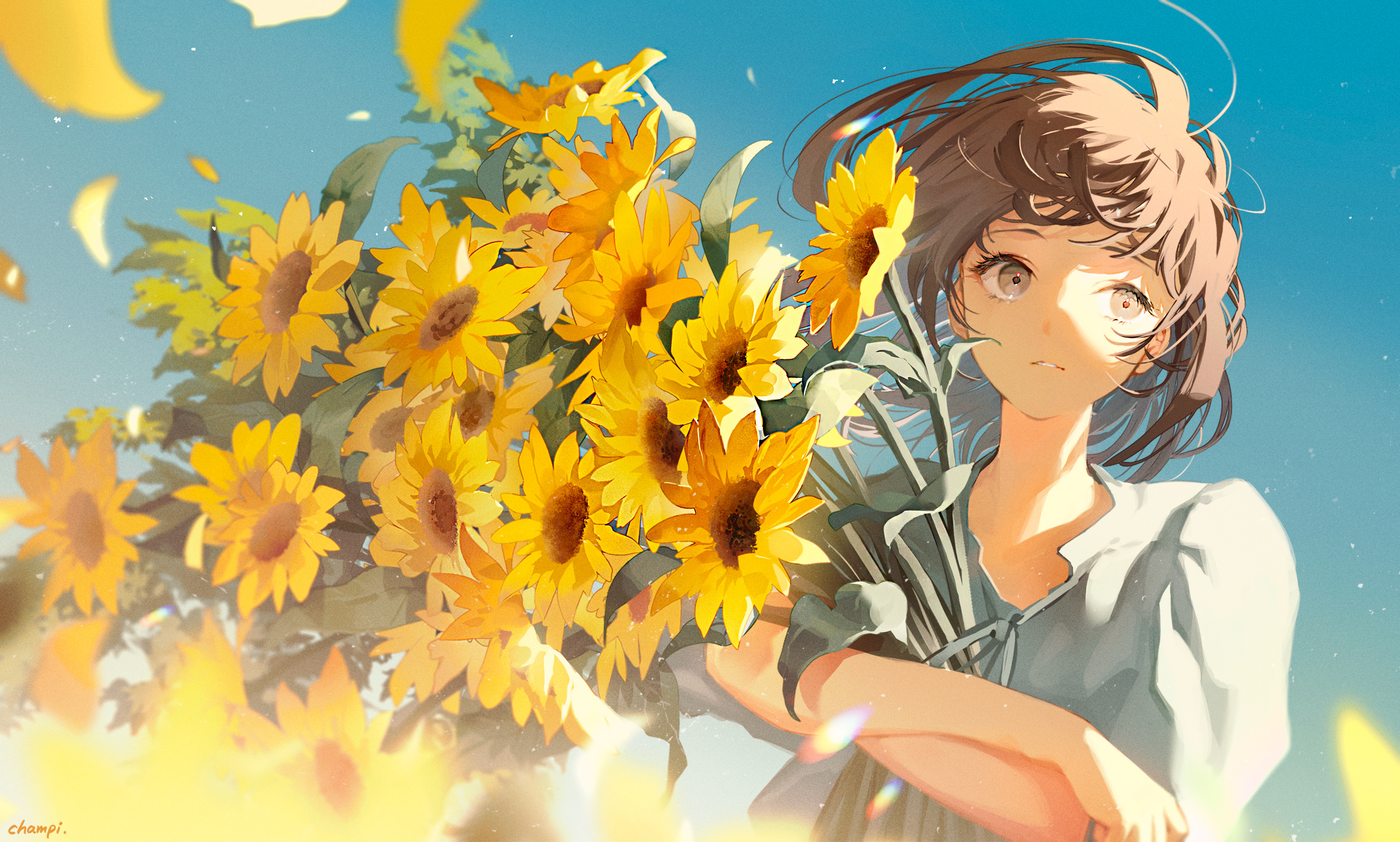 Anime 2635x1585 digital art artwork illustration women anime anime girls flowers sunflowers looking sideways brunette sunlight looking away short hair leaves champi