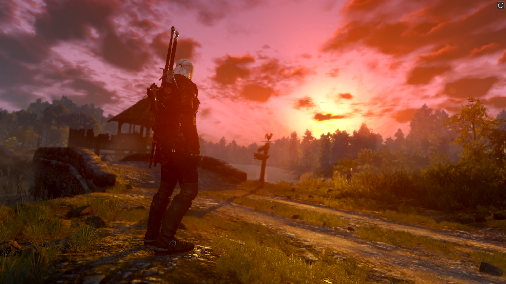 General 1920x1080 The Witcher 3: Wild Hunt video games standing video game characters CGI video game art clouds sunset sunset glow looking into the distance sky trees sunlight