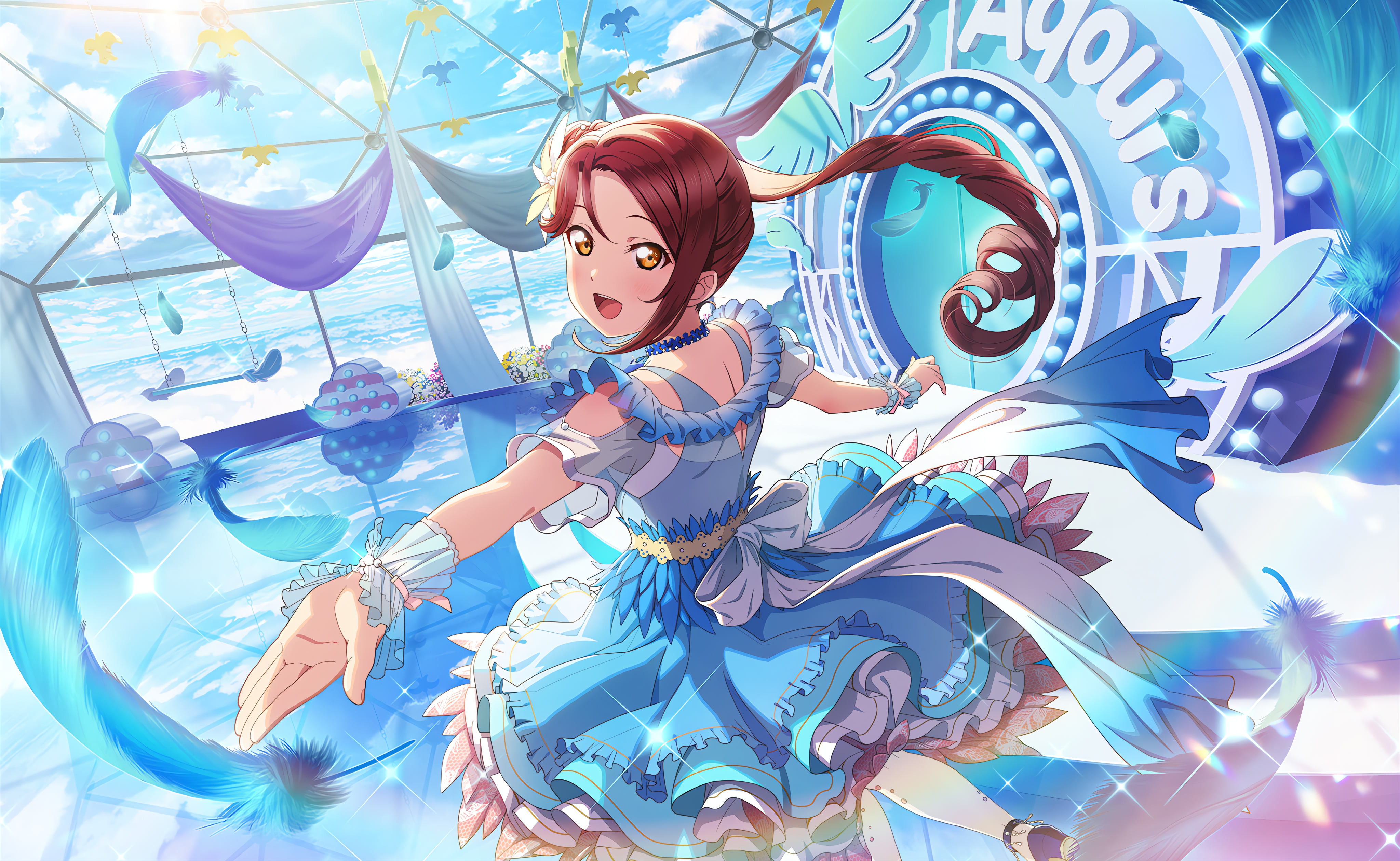 Anime 4096x2520 Love Live! Sunshine anime Sakurauchi Riko feathers Love Live! anime girls sunlight dress sky clouds open mouth long hair stars reflection water looking at viewer