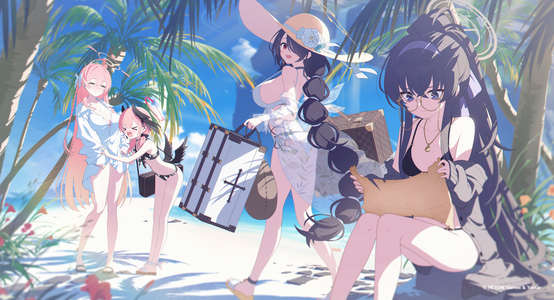 Anime 1920x1039 anime anime girls Blue Archive swimwear Hanako (Blue Archive) Shimoe Koharu (Blue Archive) Hinata (Blue Archive) Ui (Blue Archive) beach palm trees sand water sun hats bikini closed eyes sitting watermarked hair over one eye choker glasses necklace cleavage big boobs long hair braids flowers leaves ponytail sky clouds sunlight wings bag walking rocks