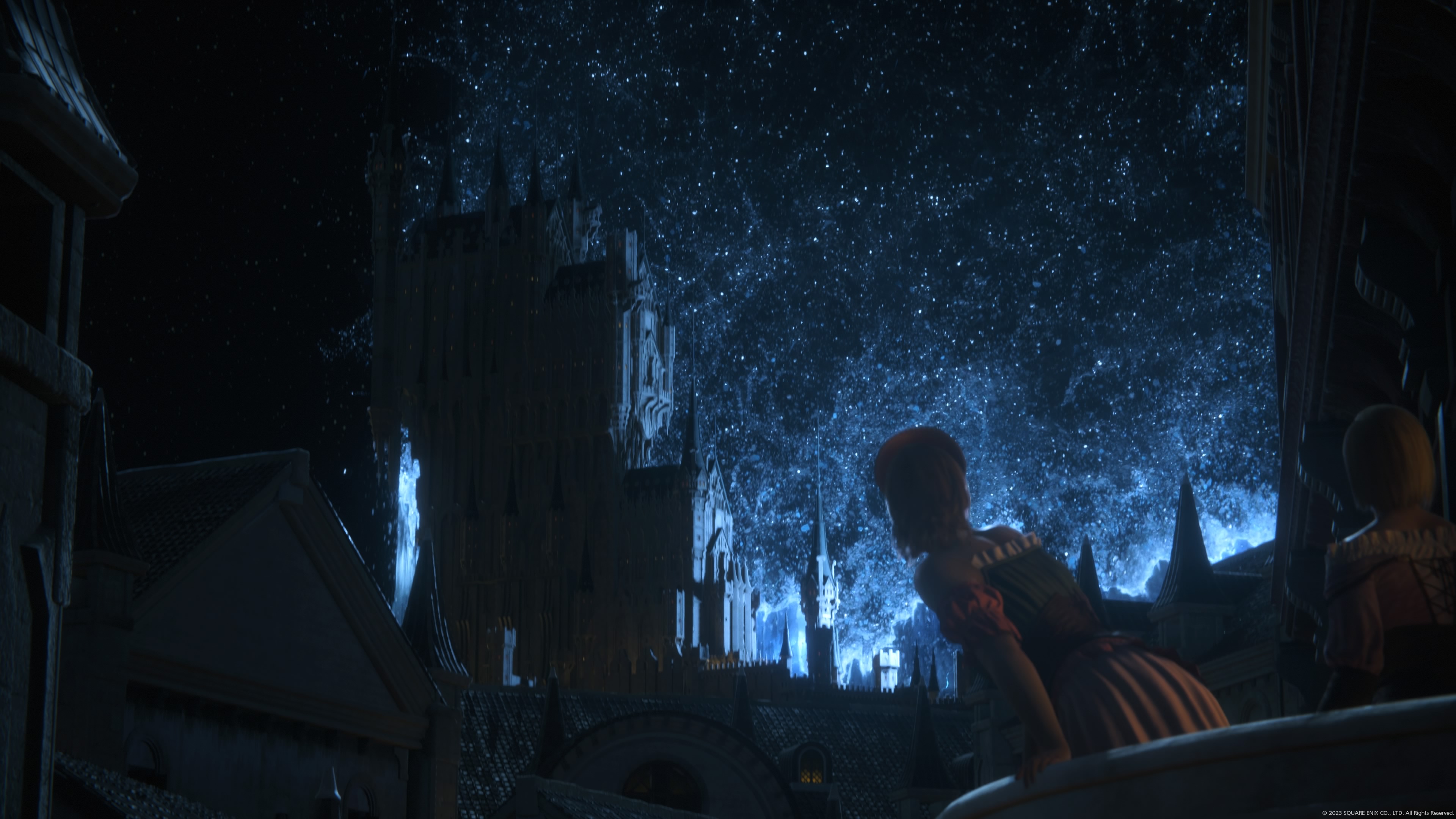 General 3840x2160 Final Fantasy XVI Square Enix crystal  castle medieval stars night night sky architecture landscape medieval art gothic architecture blonde balcony Playstation 5 PlayStation 4K gaming video games clear sky PlayStation Share black background bright Final Fantasy