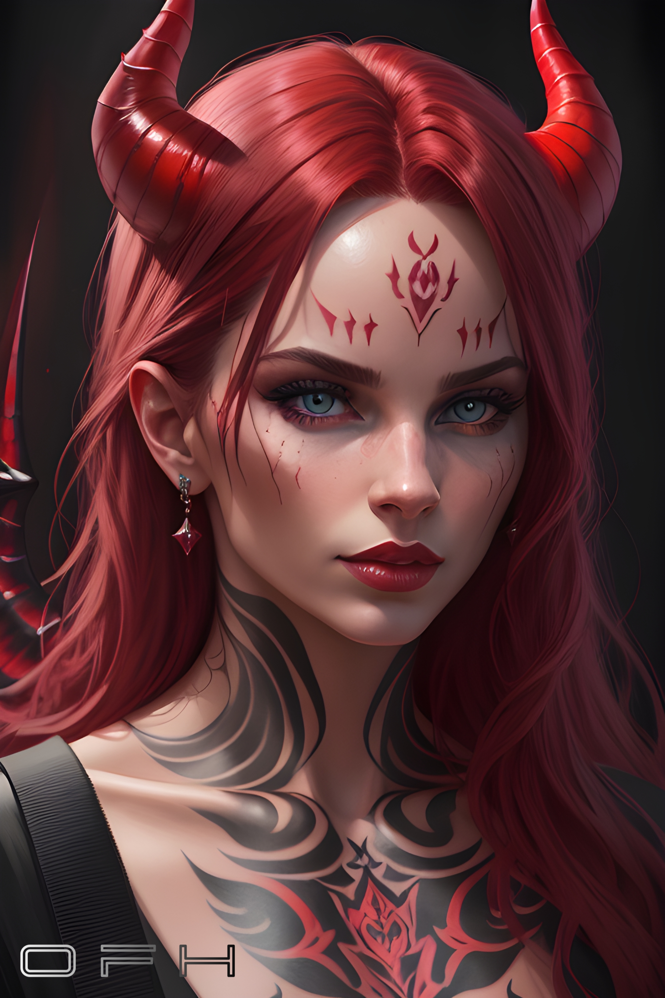 General 2176x3264 OneFinalHug devil girl AI art digital art looking at viewer tattoo fantasy art earring portrait display redhead long hair blue eyes horns signature