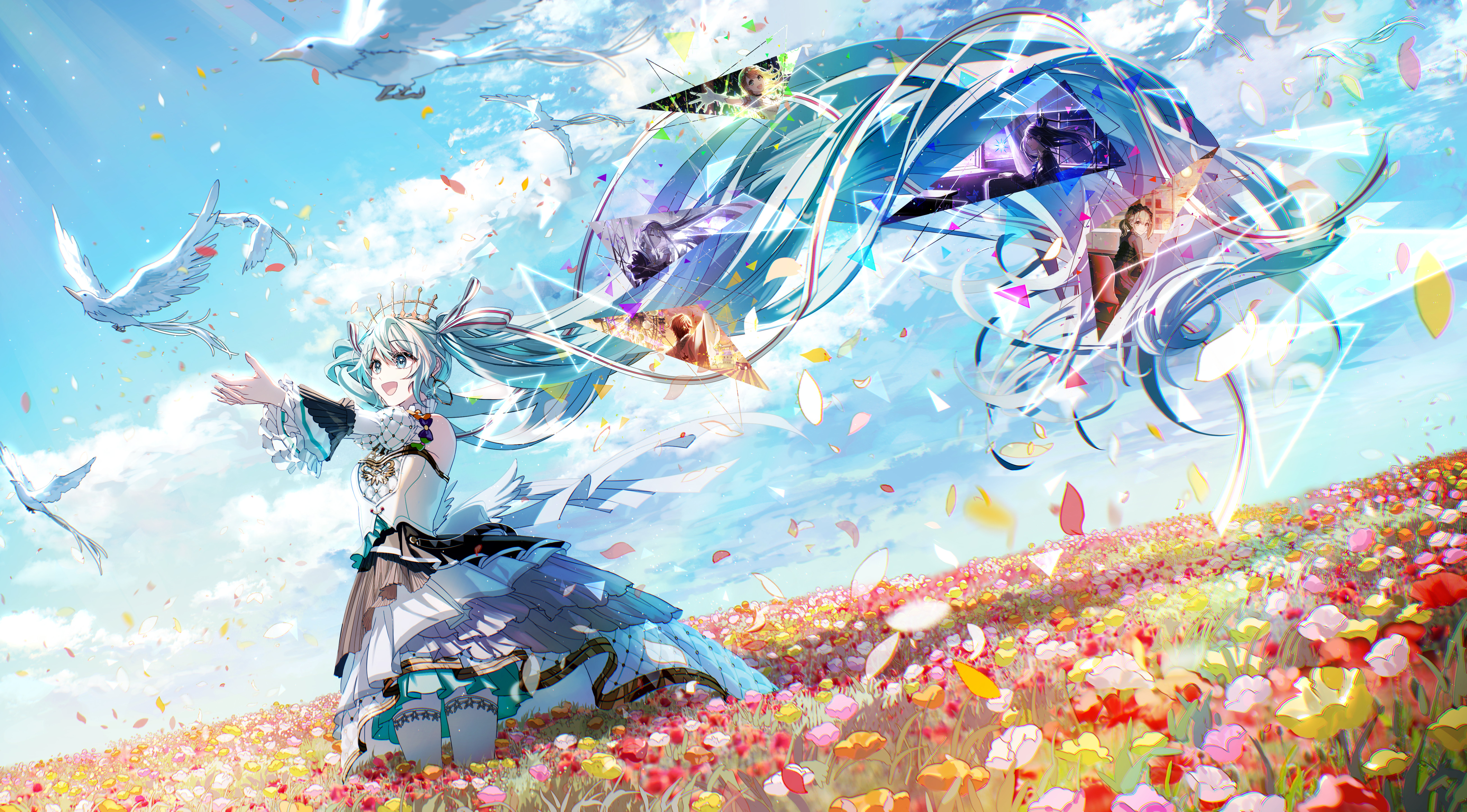 Anime 5226x2894 anime anime girls flowers petals field Vocaloid Hatsune Miku birds long hair sky blue hair blue eyes open mouth animals dress sunlight wind hair blowing in the wind standing leaves arms reaching twintails thigh high socks