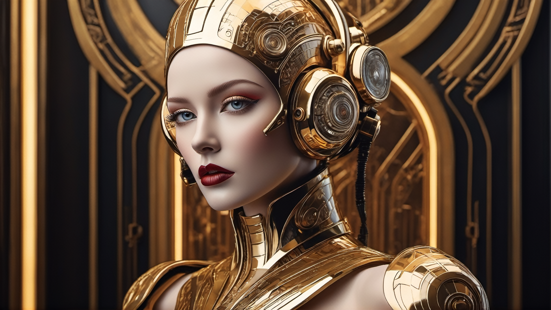 General 1920x1080 AI art women CGI cyborg cybernetics robot gold background digital art looking at viewer parted lips