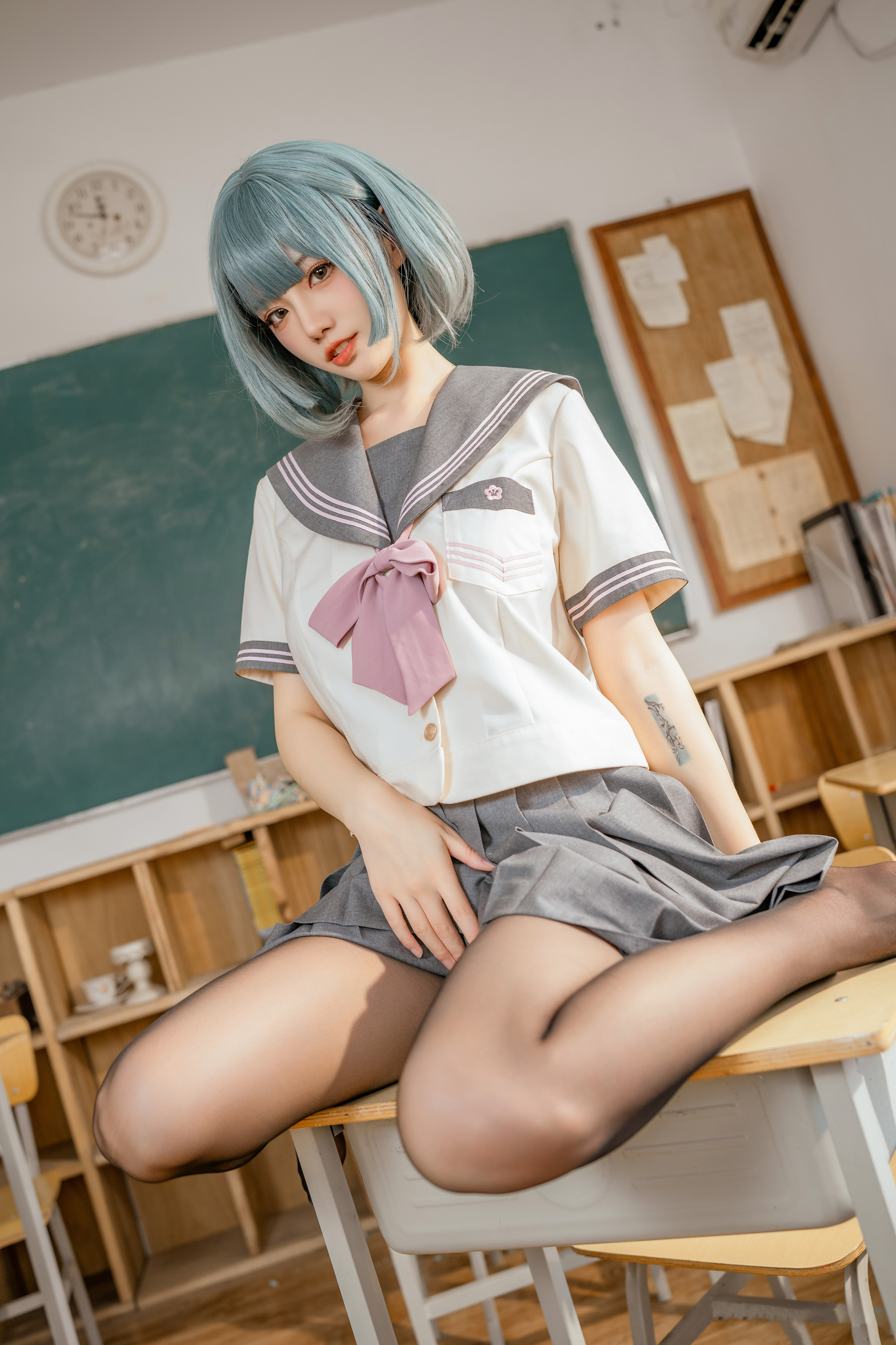 People 3867x5800 Asian school uniform women cosplay schoolgirl sitting on desk blue hair