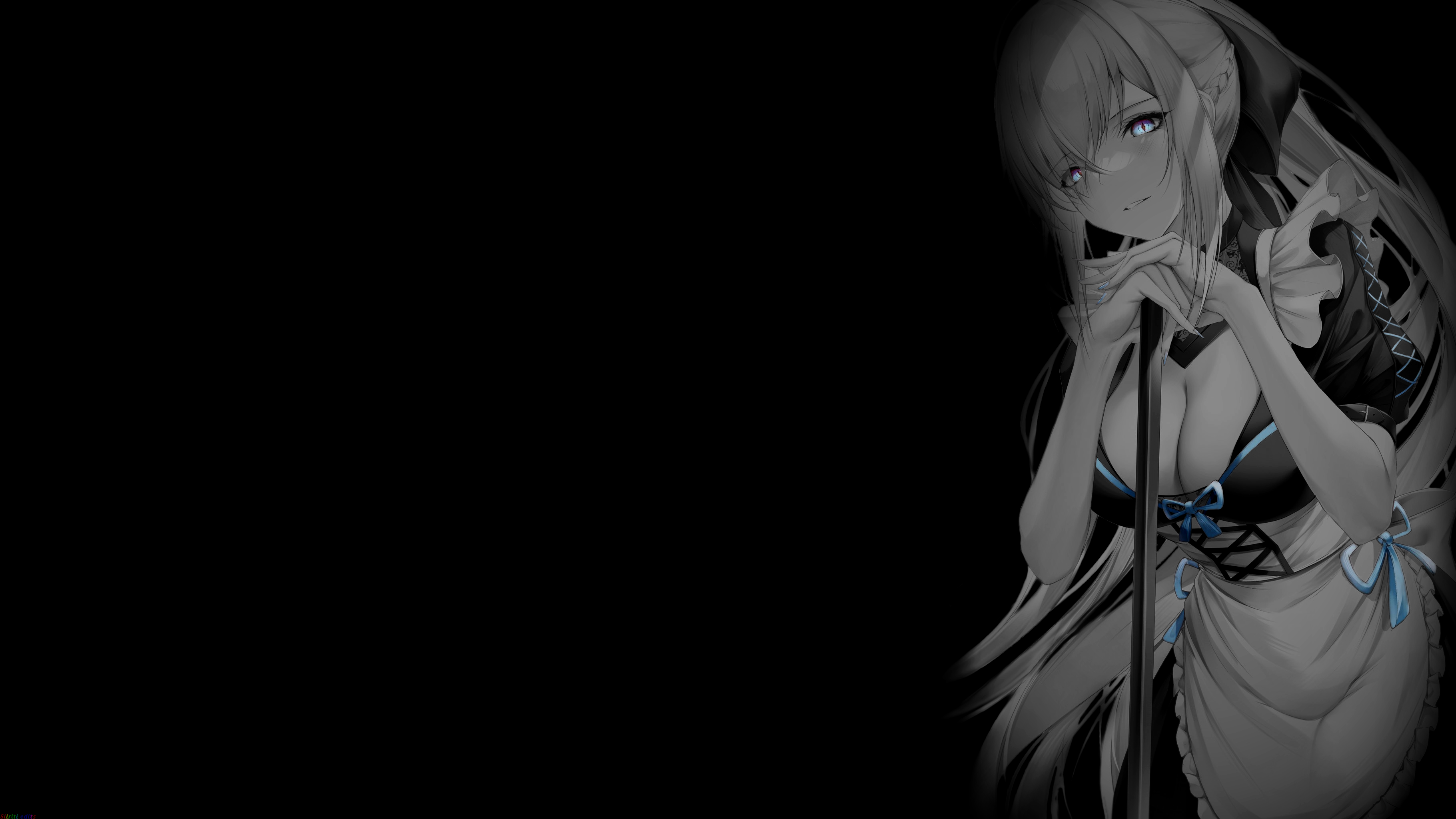 Anime 3641x2048 selective coloring black background dark background simple background anime girls cleavage maid maid outfit ponytail big boobs