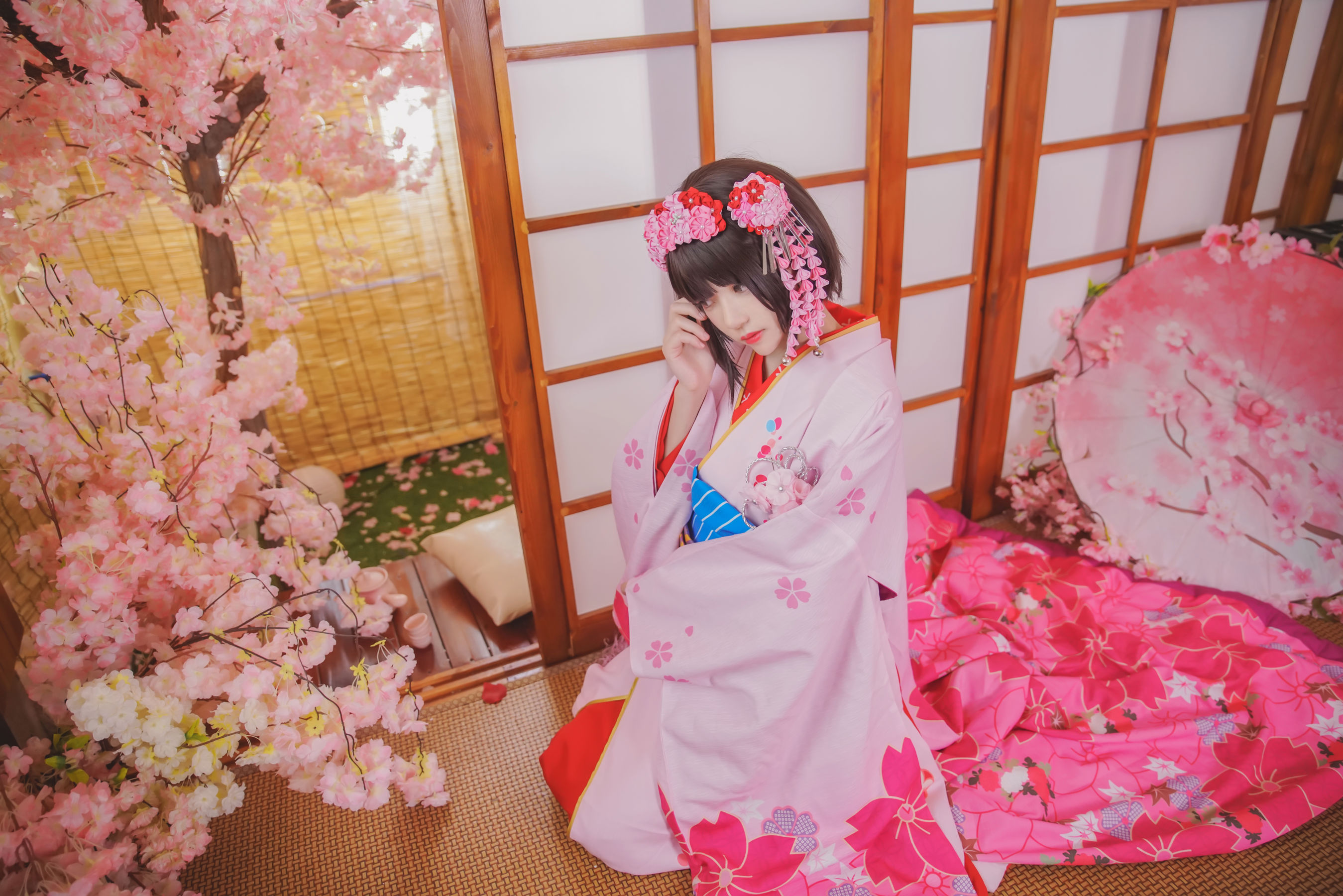 People 2698x1800 CherryNeko women model Asian kimono short hair brunette dark hair flowers