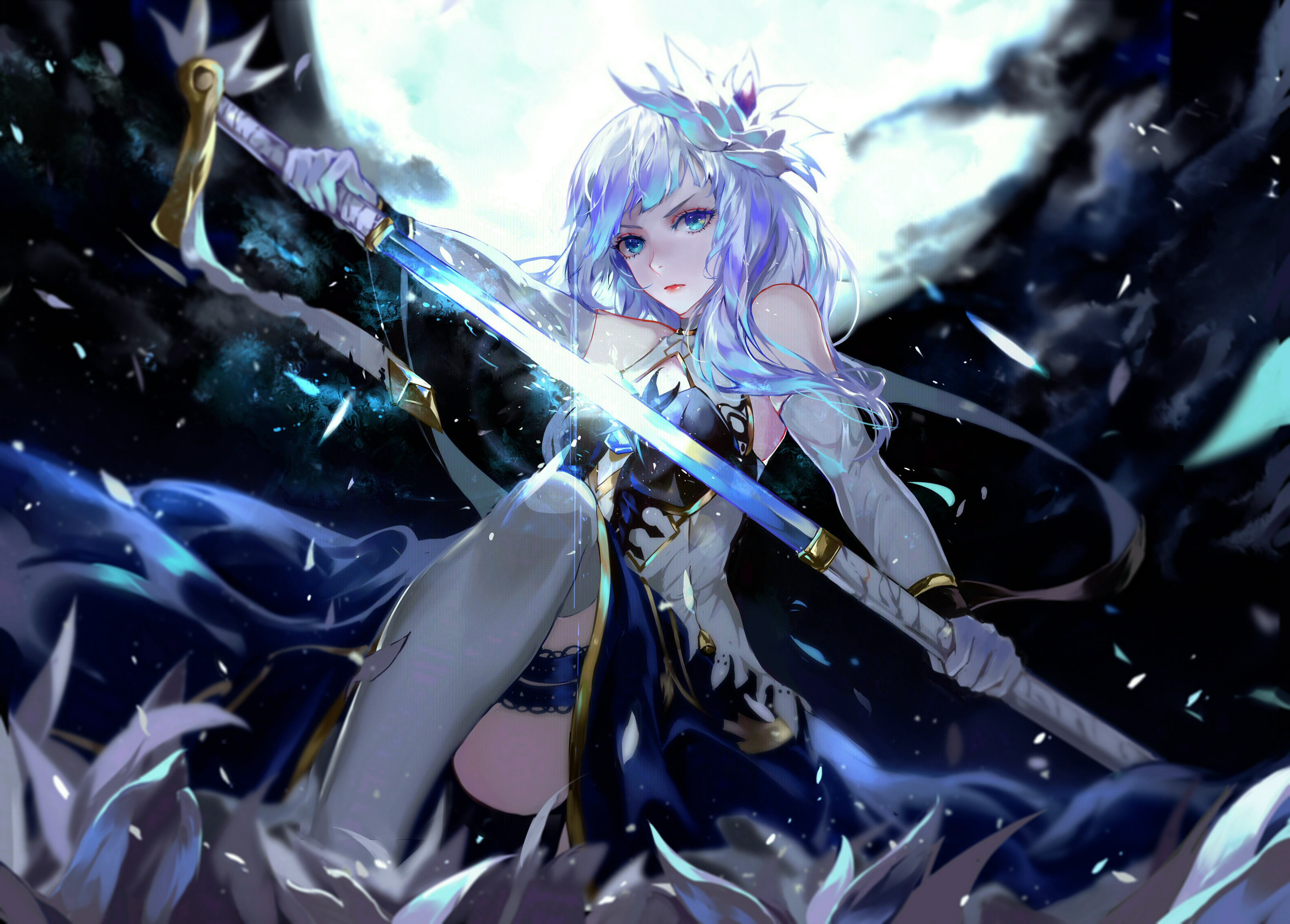 Anime 3157x2262 anime anime girls blue hair blue eyes sword Moon solo