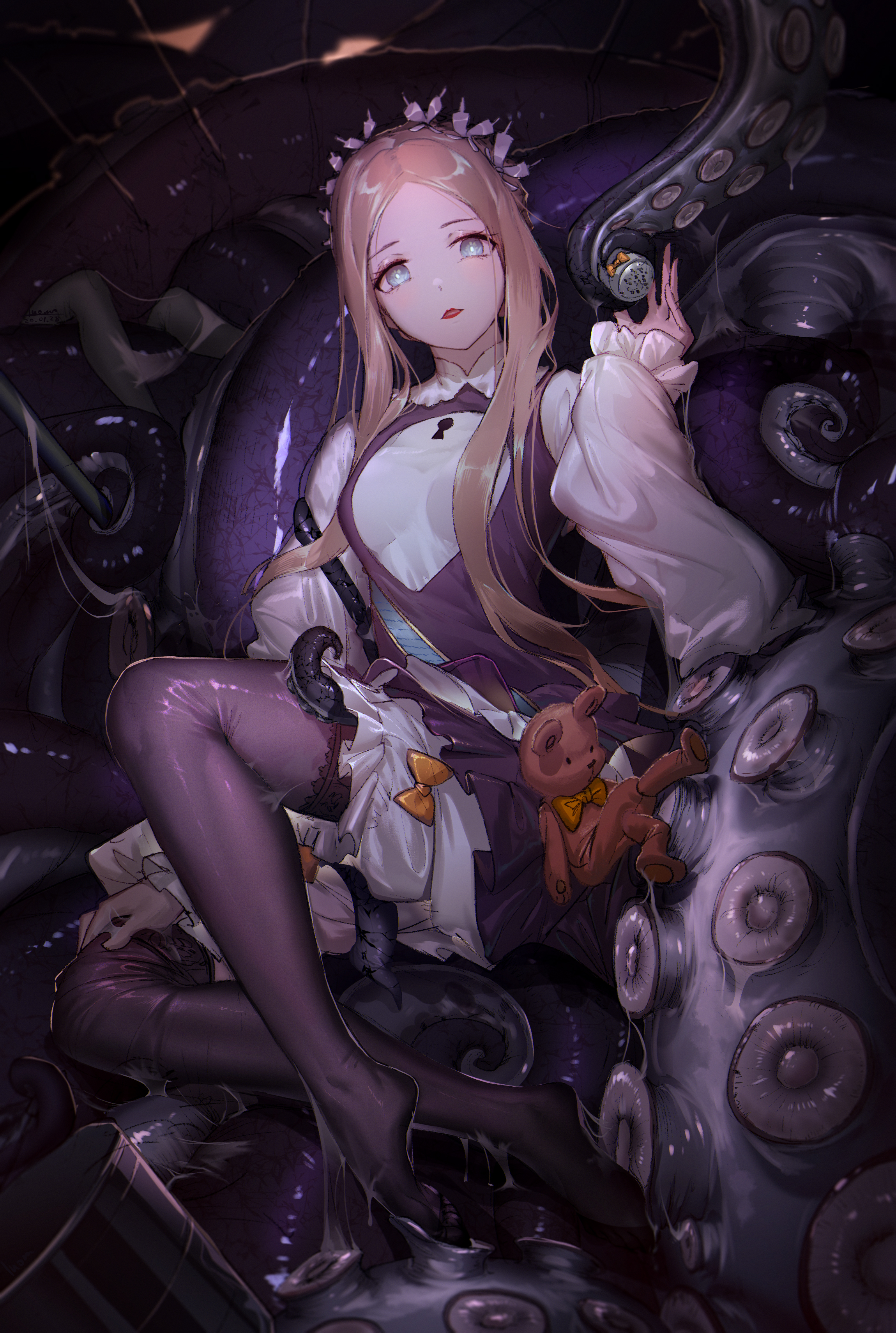Anime 2299x3420 tentacles blonde teddy bears thigh-highs Abigail Williams (Fate/Grand Order) anime girls red lipstick portrait display fluid glowing eyes white shirt dress black stockings pointed toes shirt long hair stockings bent legs lipstick blue eyes slime Luomo parted lips bloomers long sleeves headdress keyhole puffy sleeves frills looking at viewer skirt Fate/Grand Order sash Fate series