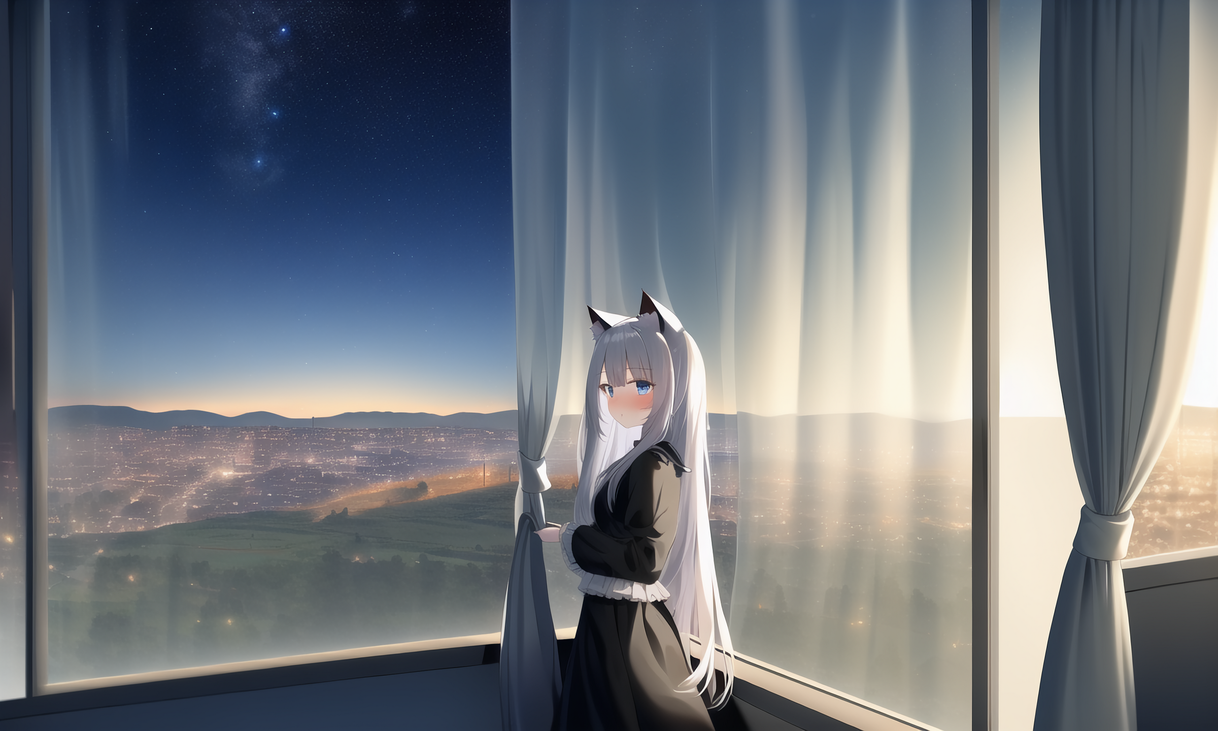 Girl on the window with cat animated Panorama UI Background