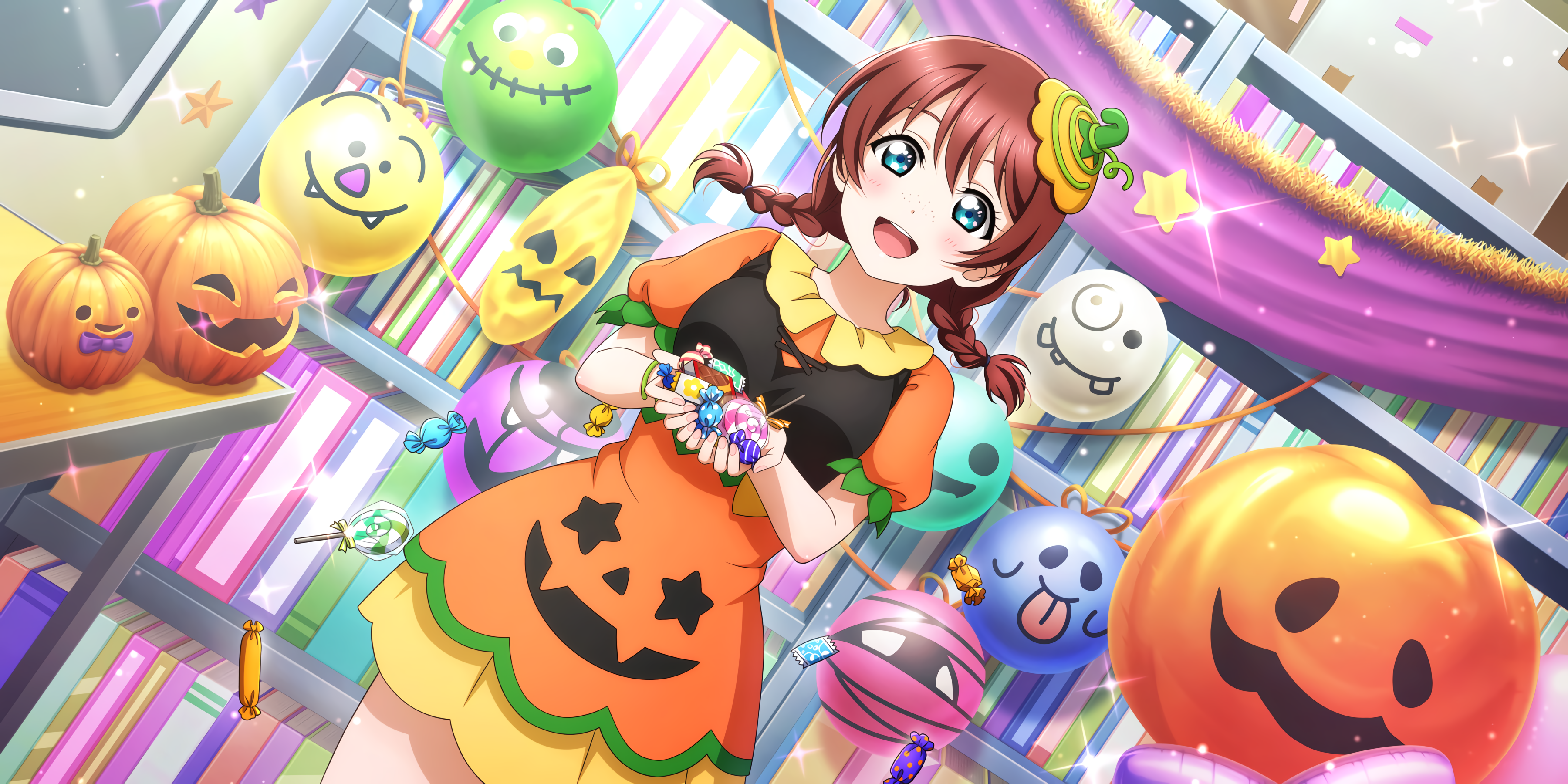 Anime 3600x1800 Emma Verde Love Live! Nijigasaki High School Idol Club Love Live! anime anime girls sweets pumpkin balloon twintails braids halloween costume Halloween