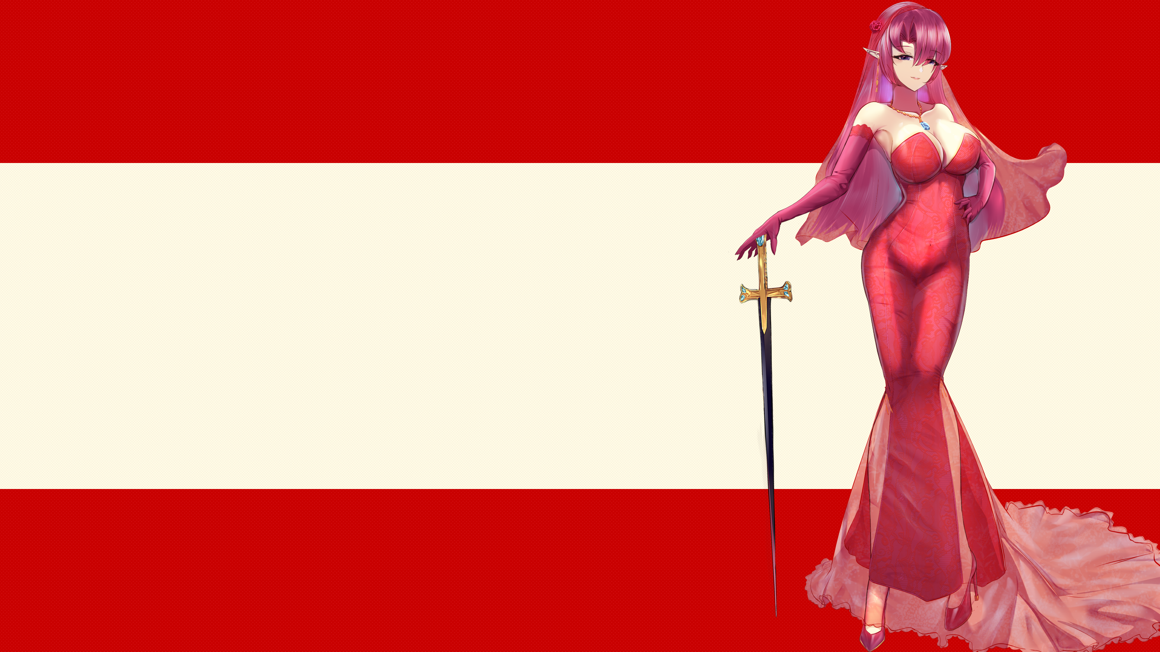 Anime 3840x2160 Duke of York (Azur Lane) Azur Lane alternate costume bare shoulders gemstone necklace cleavage elbow gloves gloves satin gloves pink gloves hands on hips sword heels high heels lace sheer clothing big boobs looking at viewer long hair necklace between boobs purple hair hair ornament pointy ears purple eyes pink dress red shoes strapless dress smiling tight dress tight clothing veils anime girls simple background bright