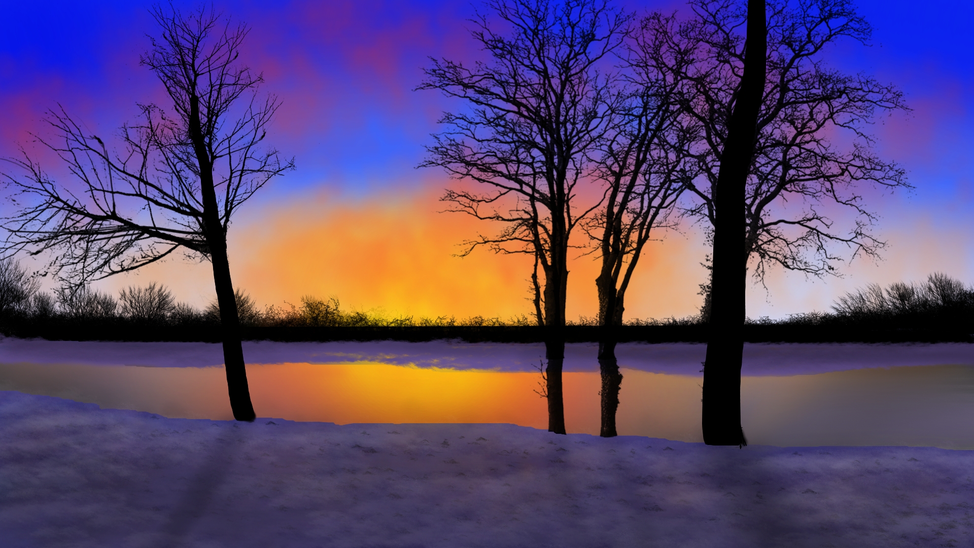 General 1920x1080 digital painting digital art nature landscape twilight trees sunset glow winter