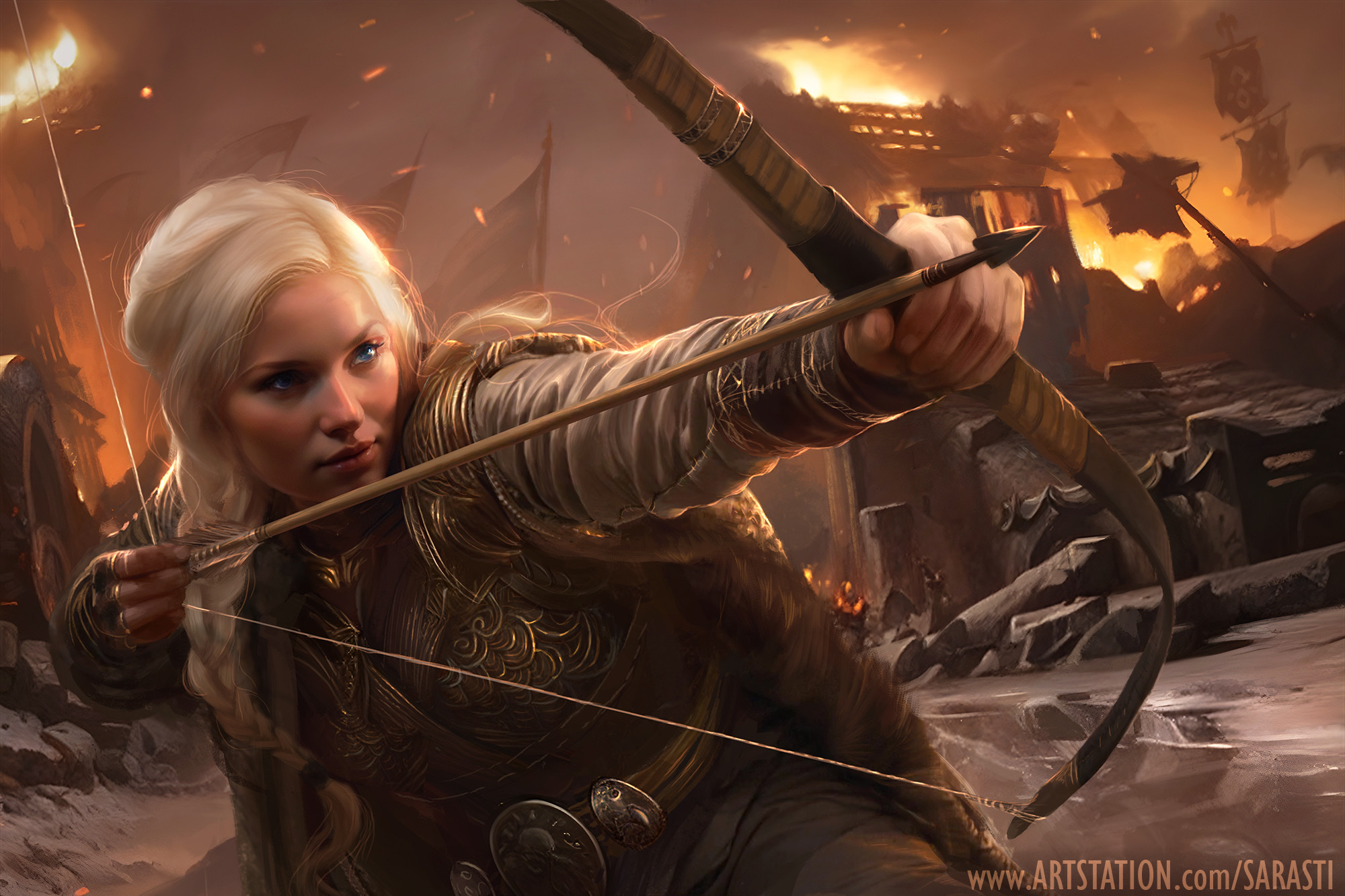 General 2000x1333 artwork women fantasy art fantasy girl archer bow and arrow watermarked aiming girls with guns blonde red lipstick blue eyes armor fantasy armor long hair