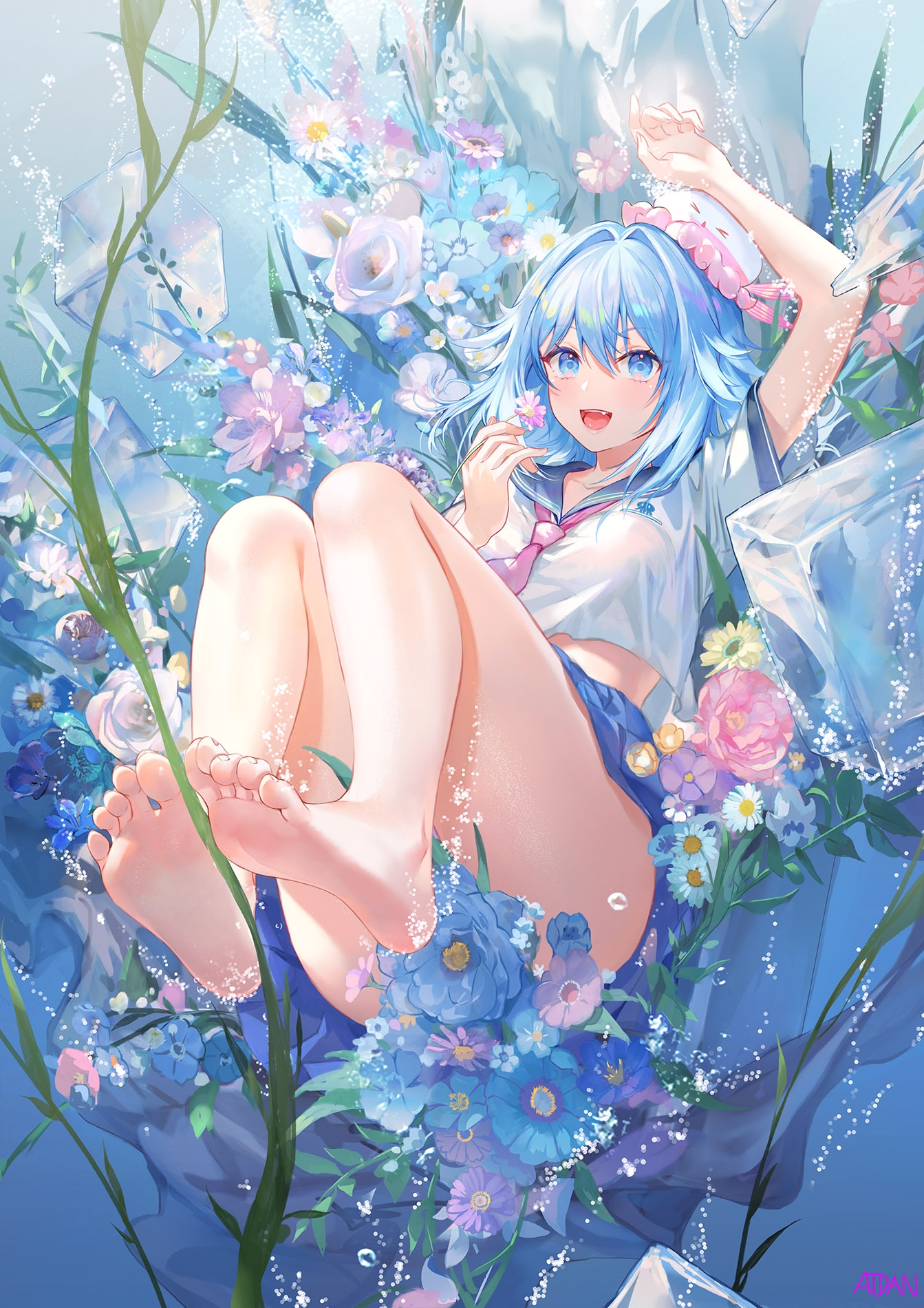 Anime 1343x1900 Atdan anime girls blue hair blue eyes flowers school uniform schoolgirl flower in hair strategic covering ice cubes feet